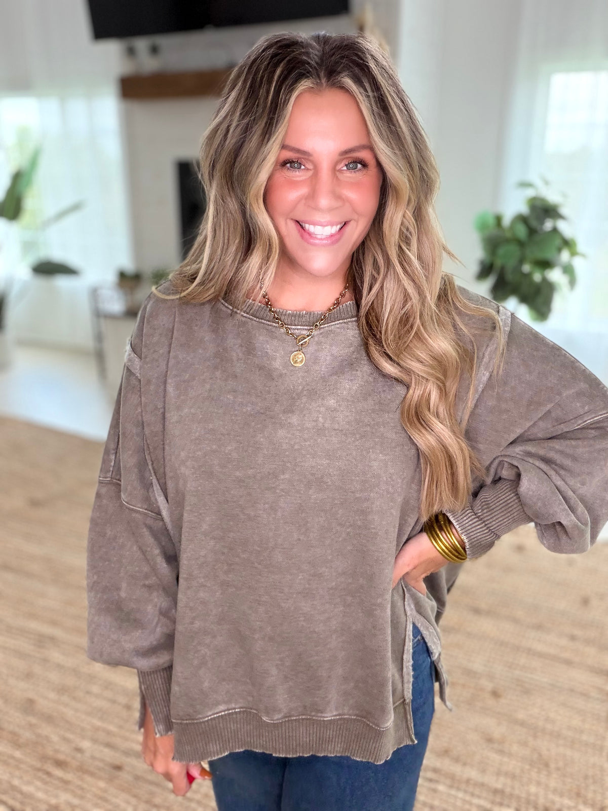 Dark Olive Acid Washed Batwing Sleeve Hi-Low Fleece Sweatshirt