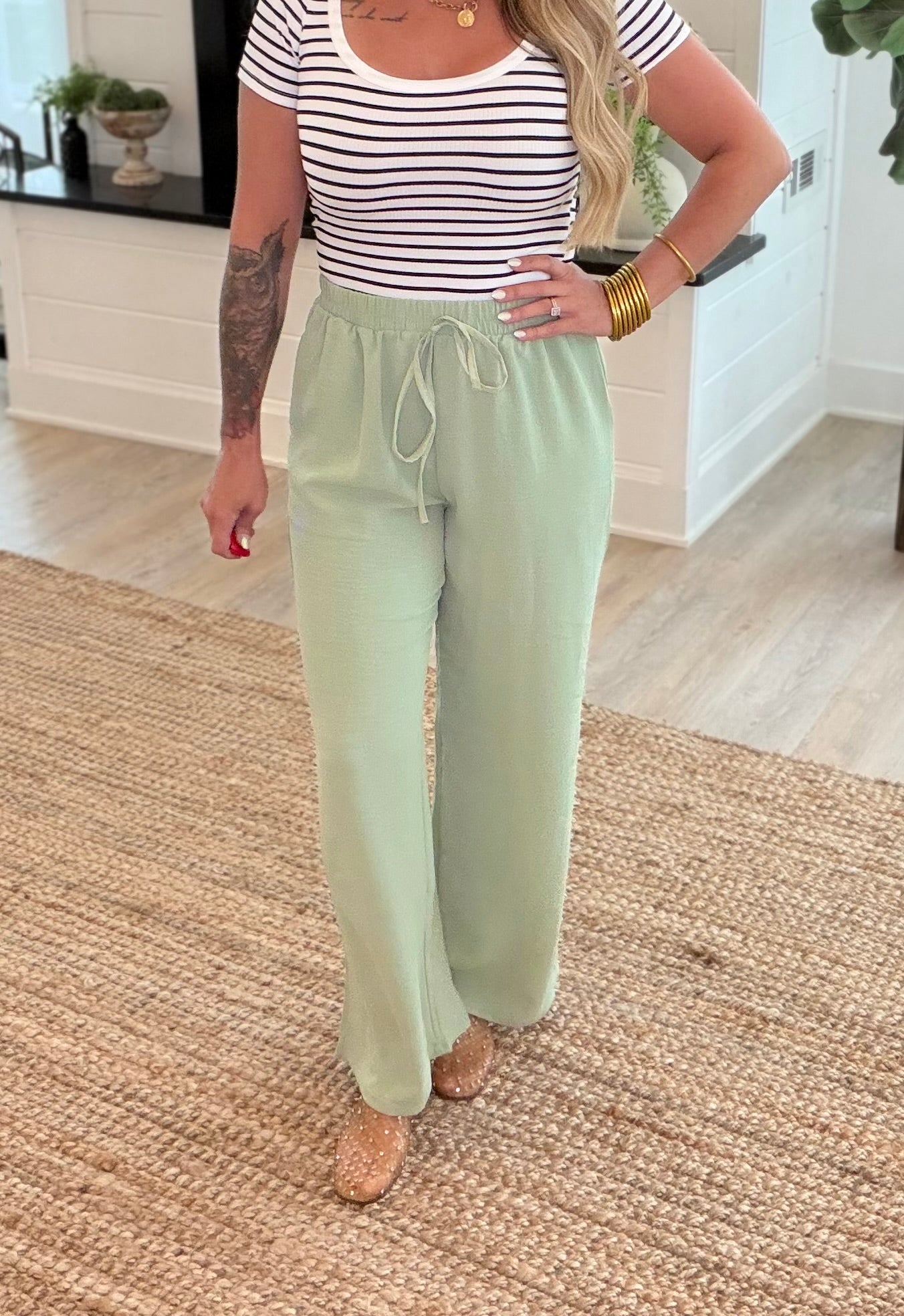 Olive Drawstring Wide Leg Pants