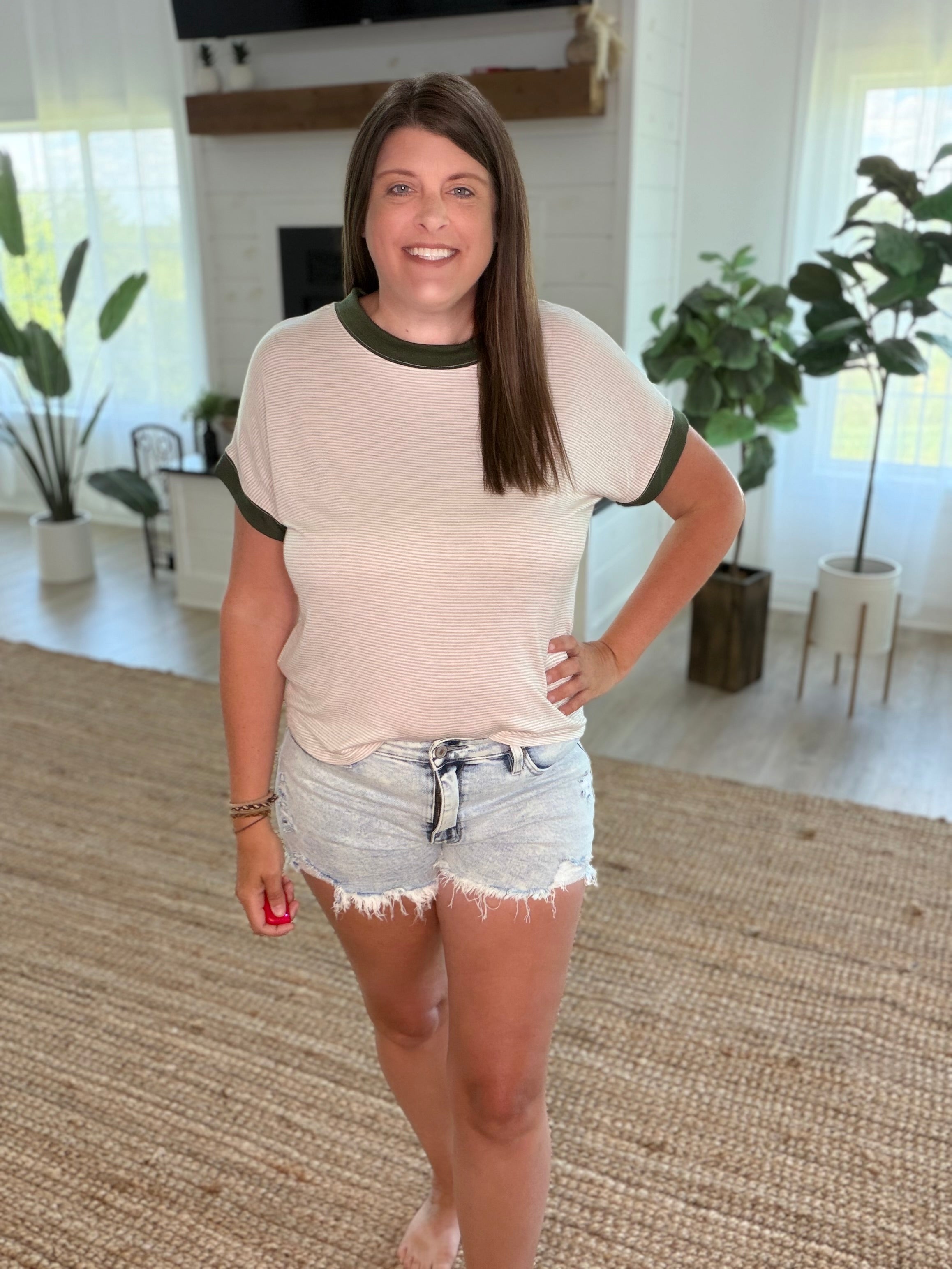 Oatmeal Ivory Striped Tee with Olive Trim