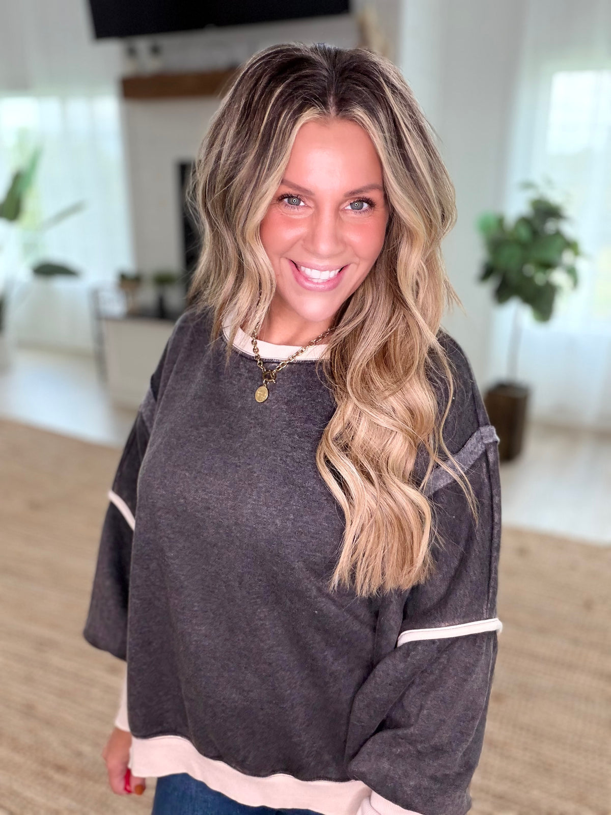 Black Fleece Acid Washed Contrast Trim Balloon Sleeve Sweatshirt