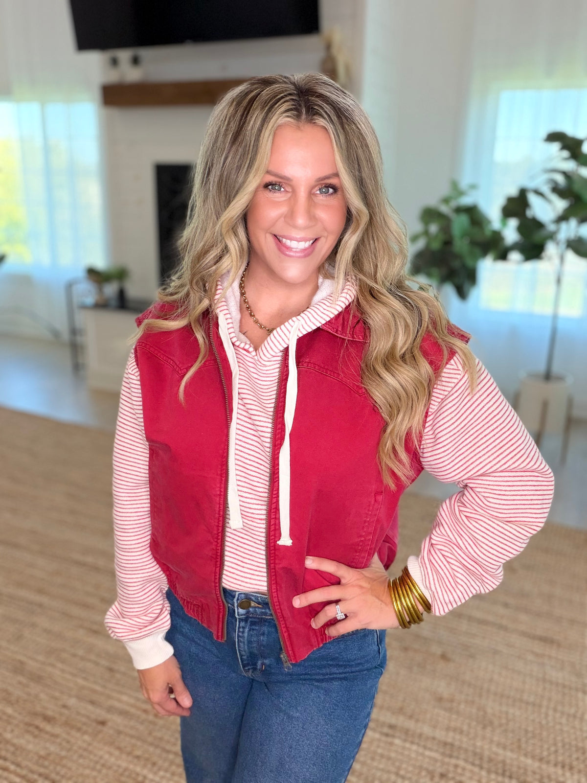 Dark Red Denim Mineral Wash Sleeveless Zip-Up Collar Vest