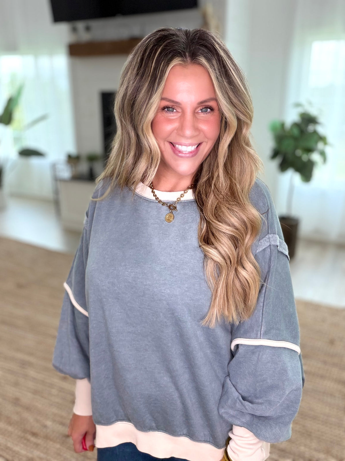 Ash Jade Fleece Acid Washed Contrast Trim Balloon Sleeve Sweatshirt