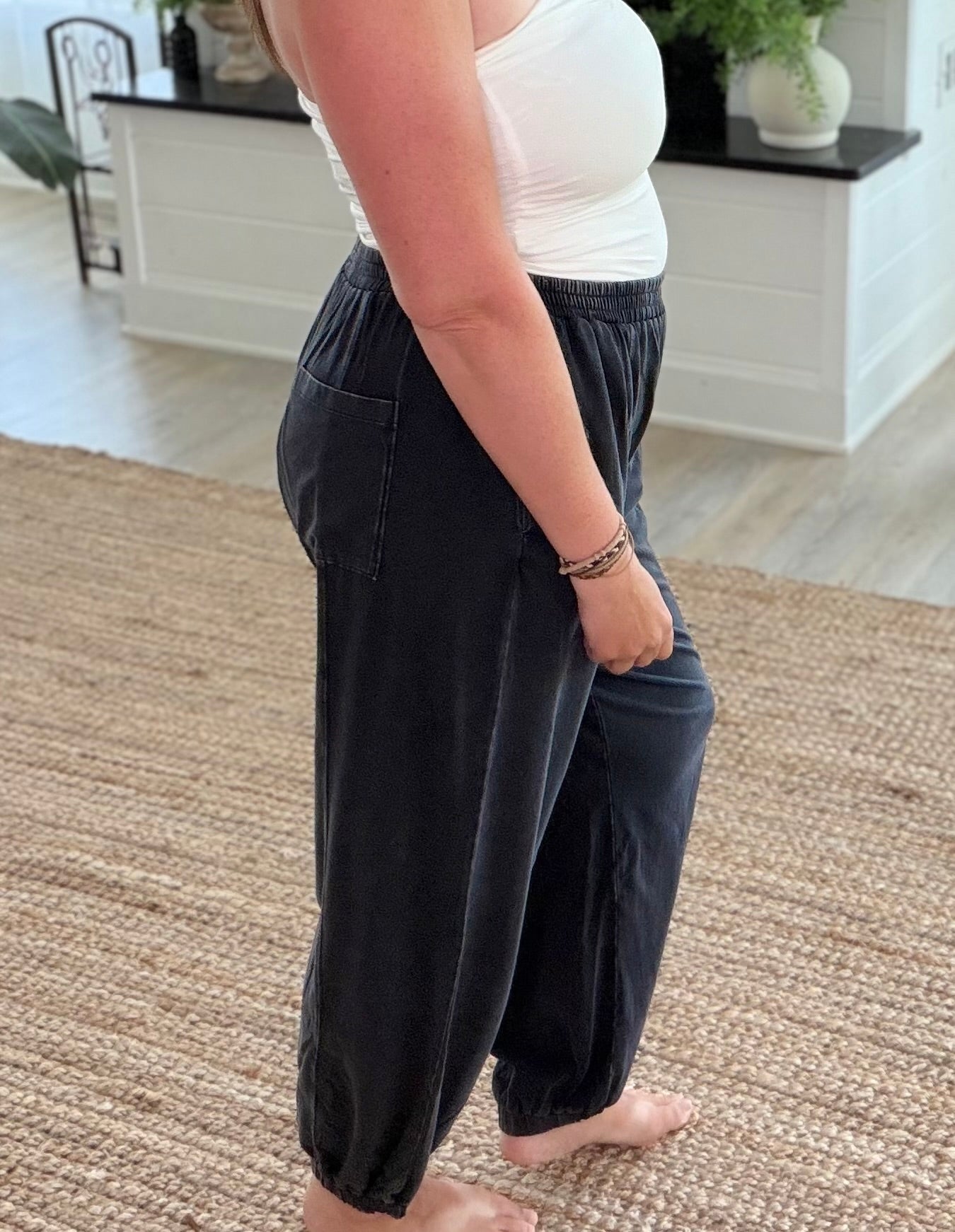 Black Mineral Wash Elastic Waist Jogger Pants