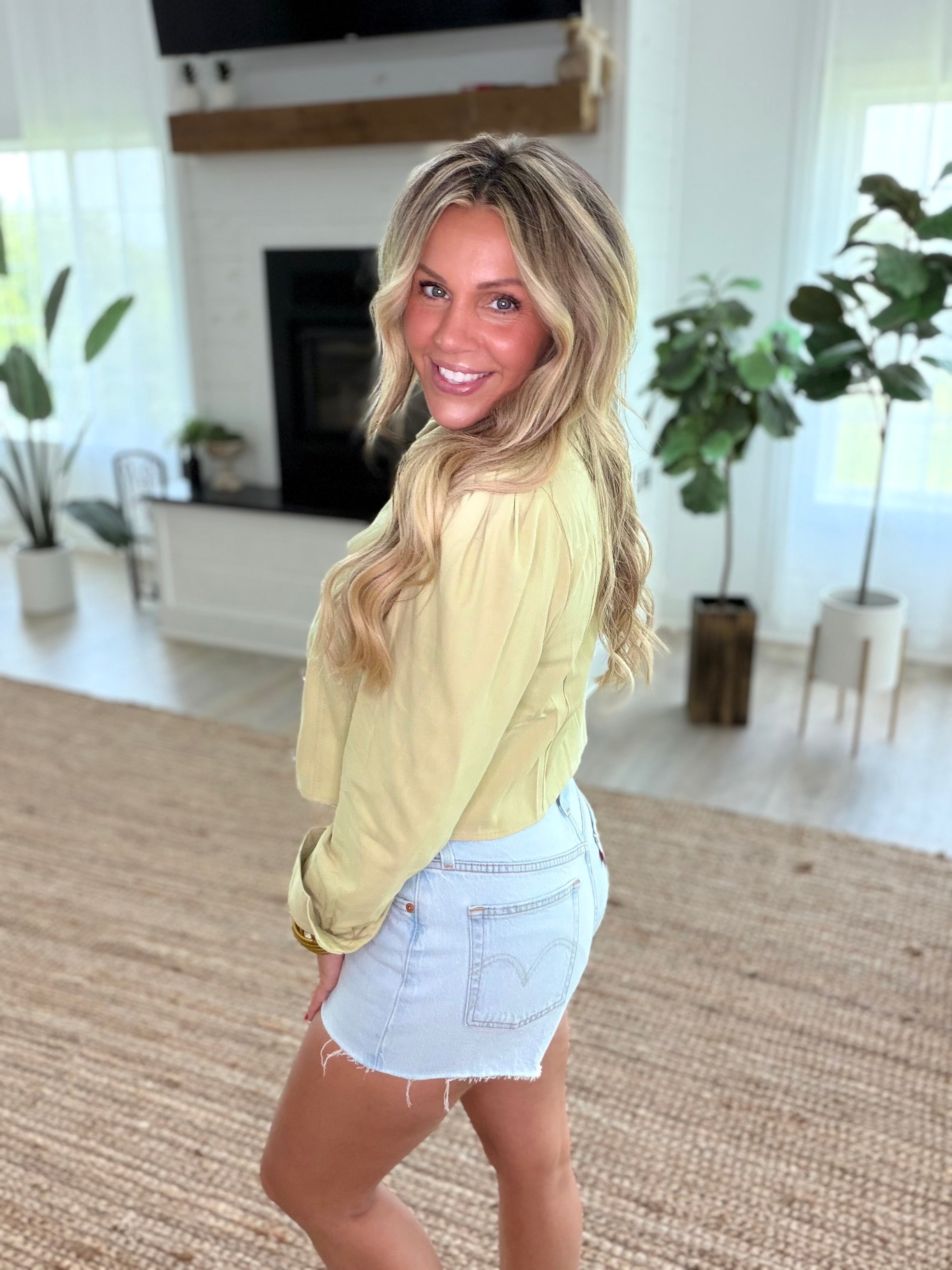 Light Sage Lightweight Twill Puff-Sleeve Cropped Jacket