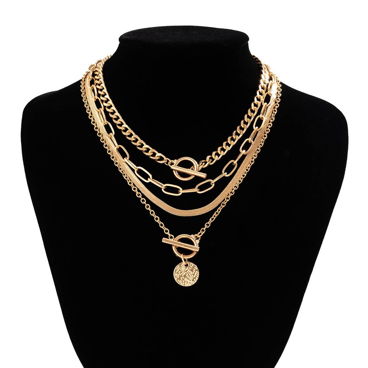 Gold Multi Layer Toggle Herringbone Coin Necklace