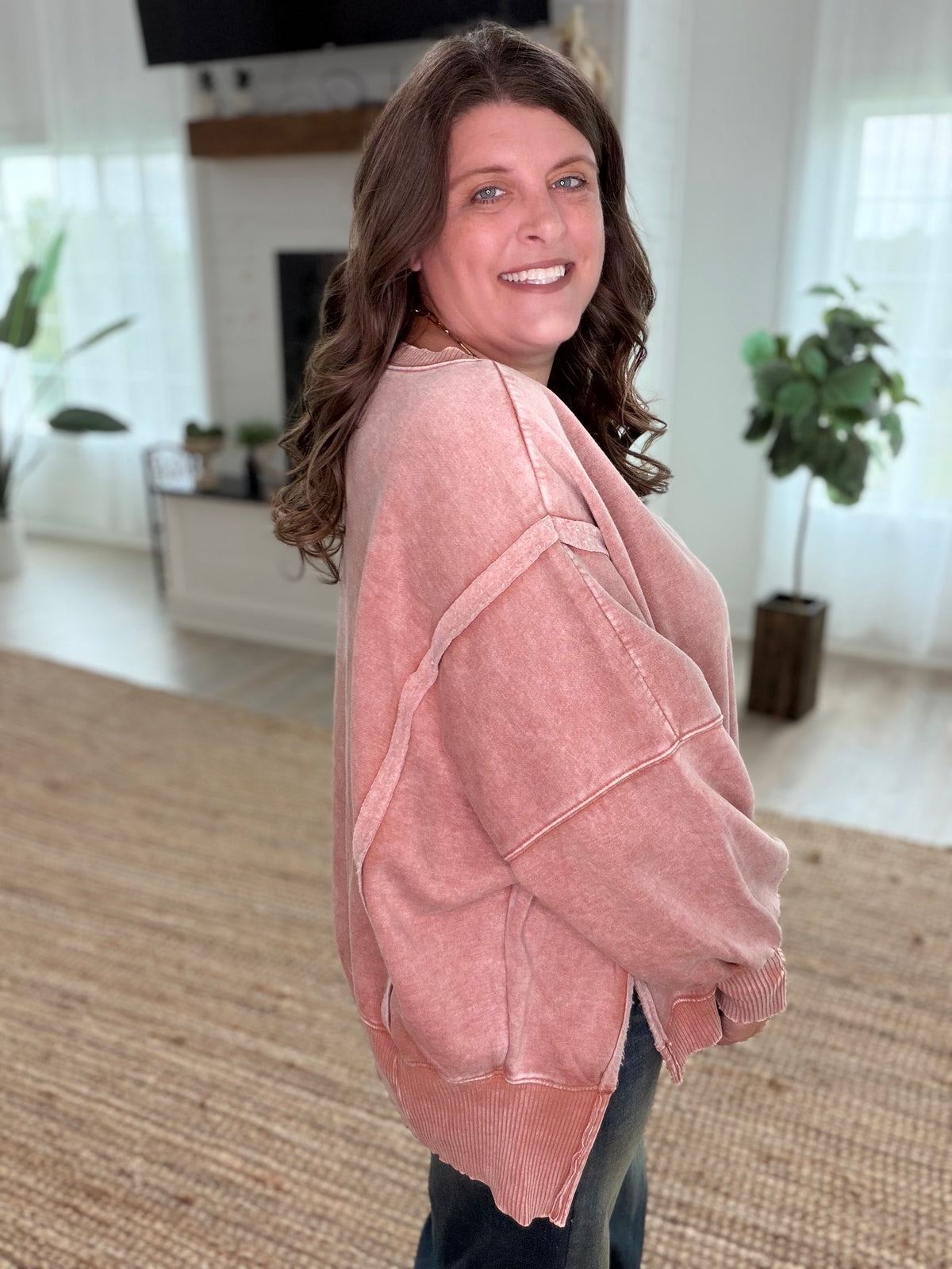 Rust Acid Washed Batwing Sleeve Hi-Low Fleece Sweatshirt