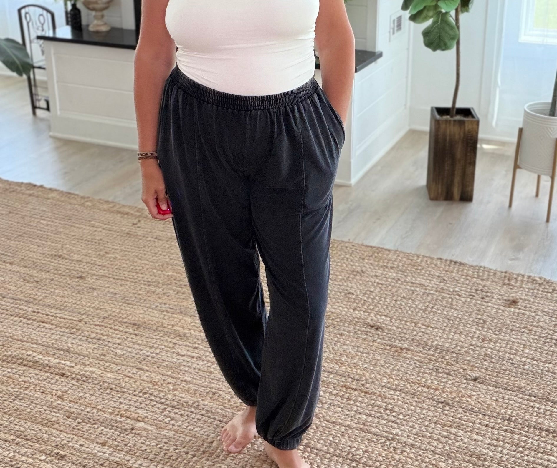 Black Mineral Wash Elastic Waist Jogger Pants