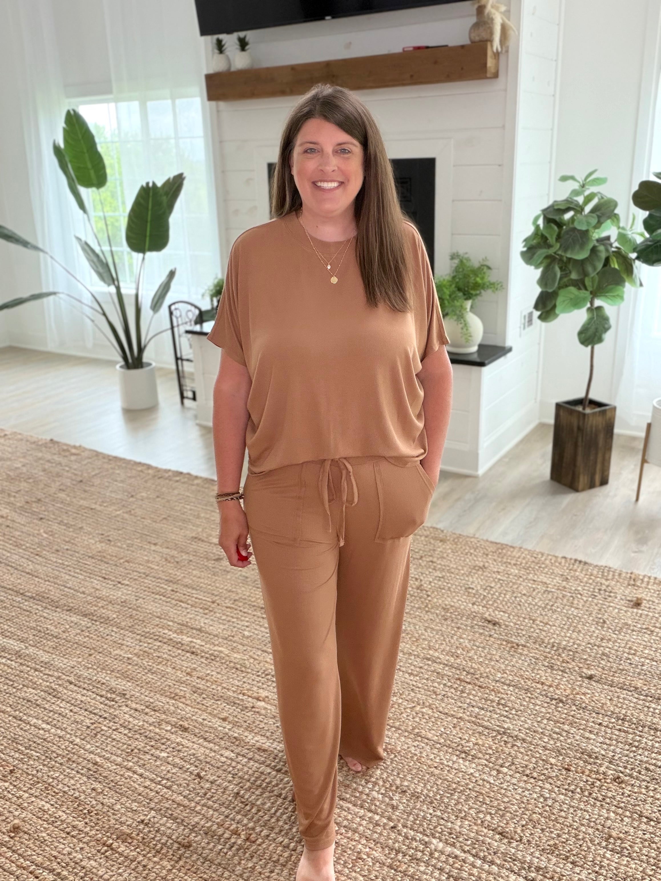Deep Camel Ribbed Rayon Relaxed Fit Top & Pants Set