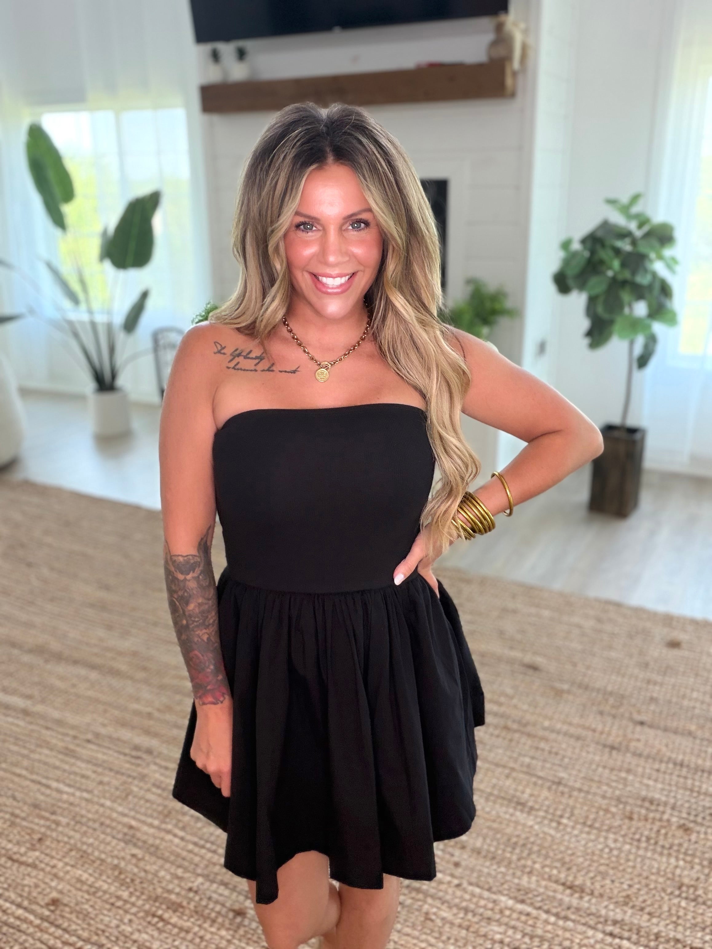 Black Strapless Flowy Mini Dress