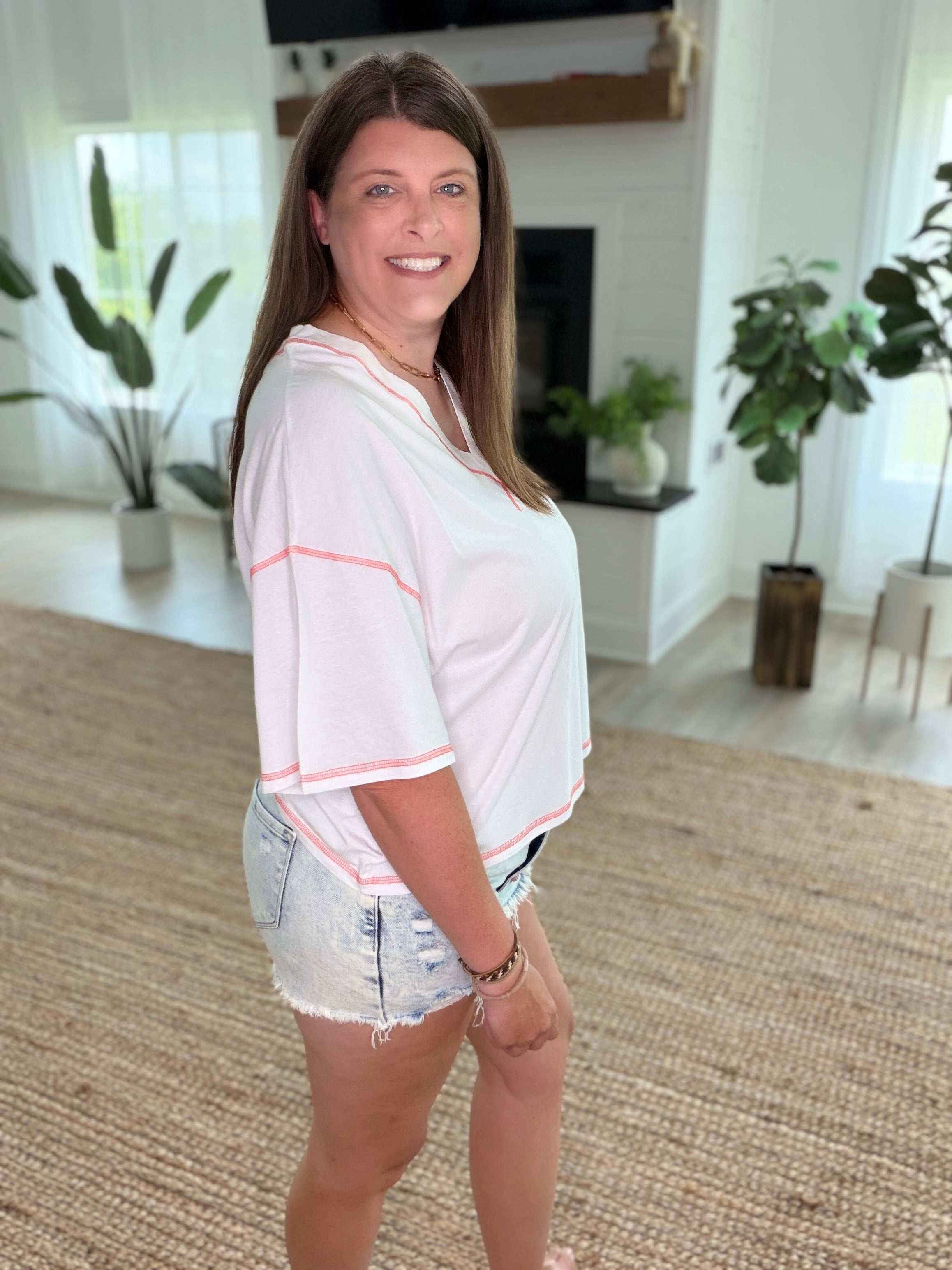White Soft Cotton Relaxed V-Neck Top With Coral Stitch Detail