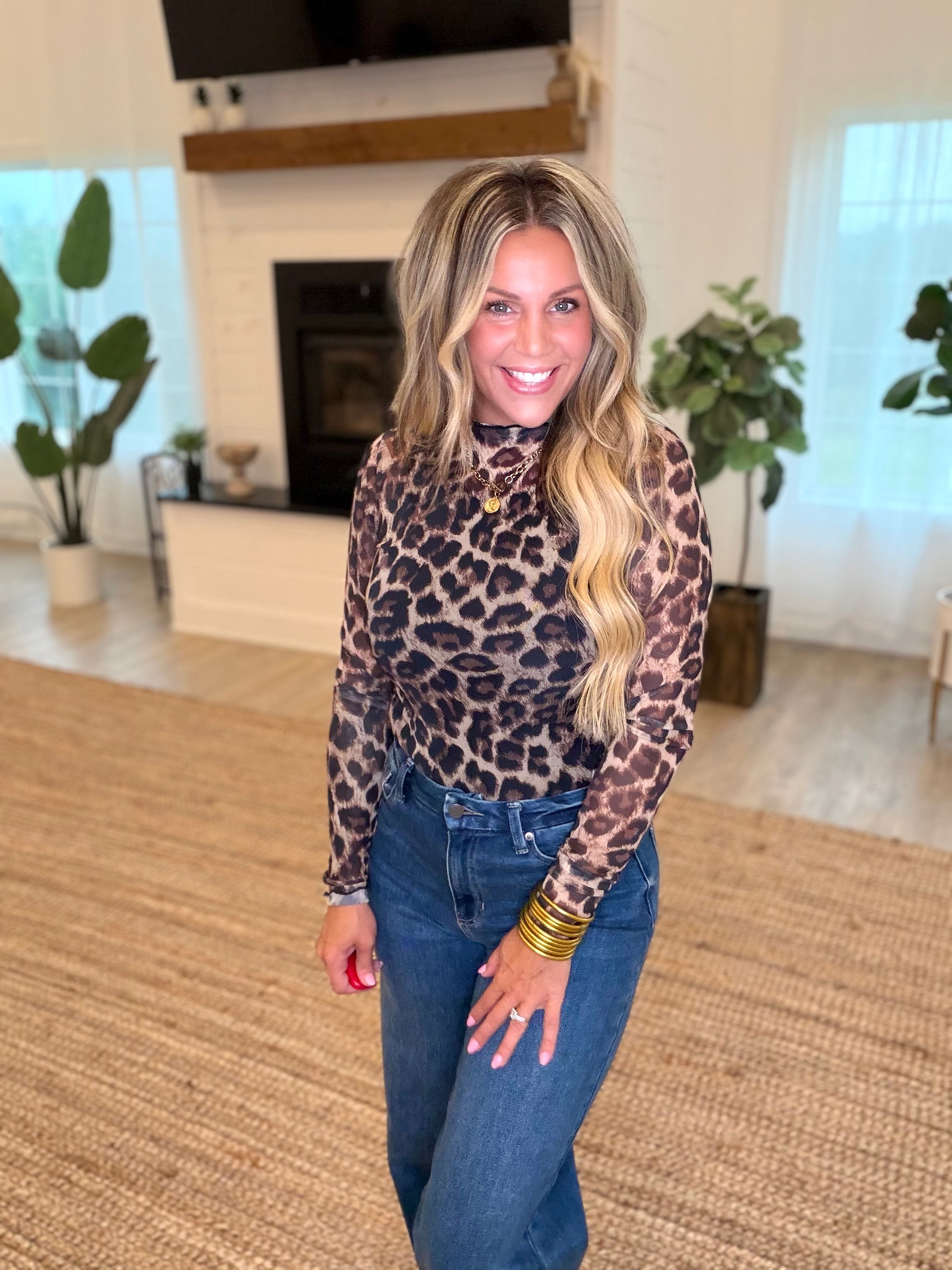 Mesh Leopard Print Long Sleeve Top