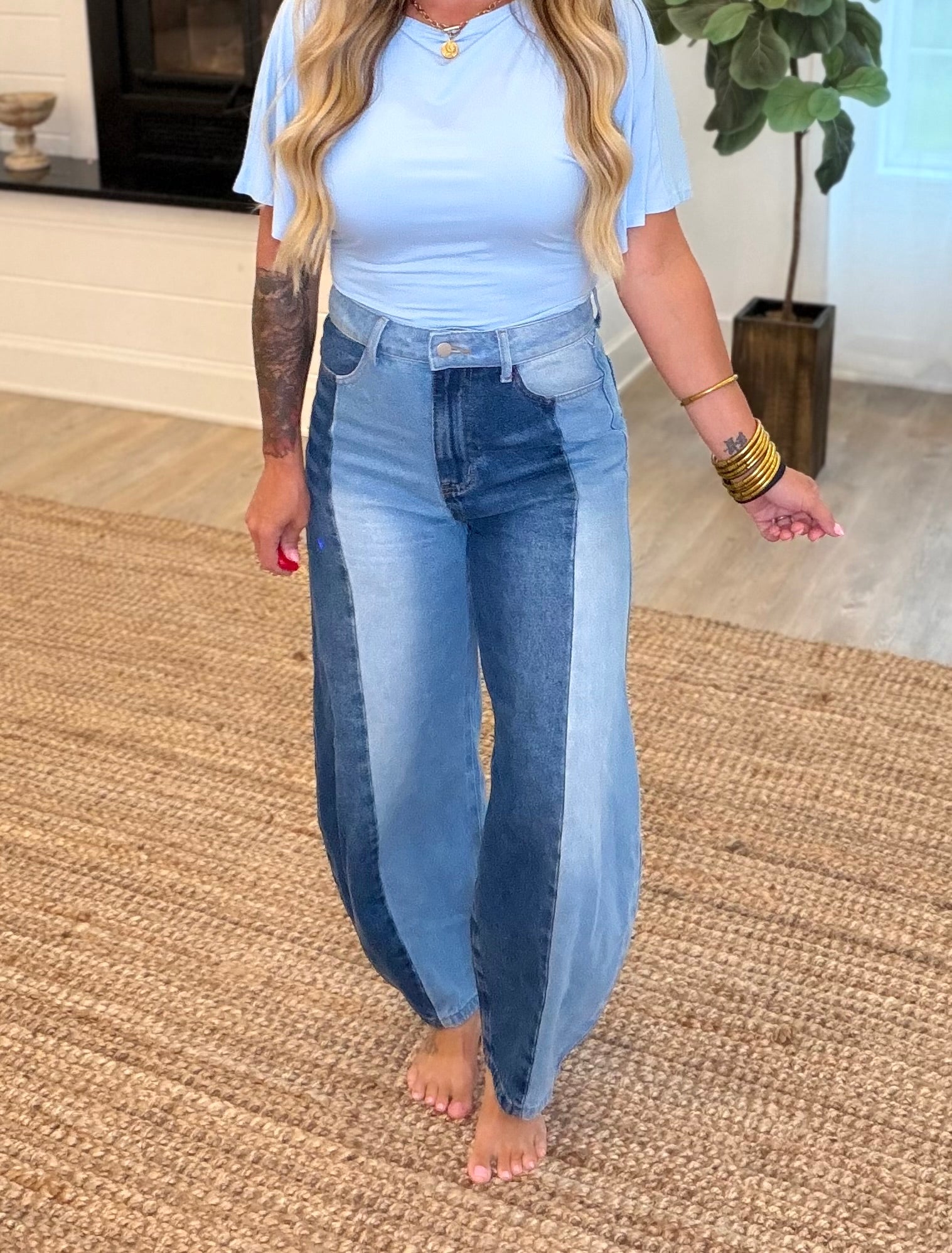 Multi Denim Contrast Panel Barrel Leg Jeans
