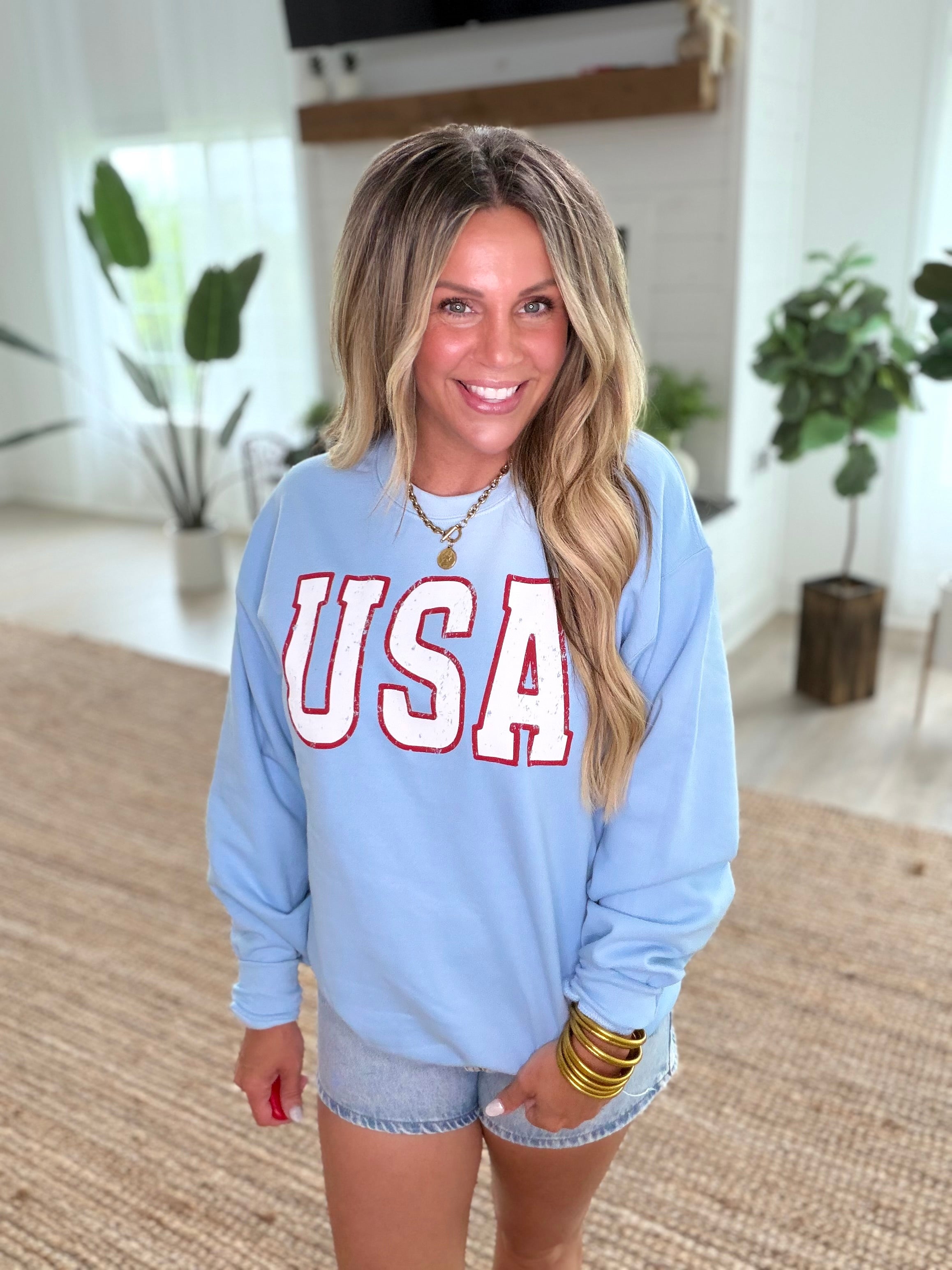 USA Light Blue Vintage Patriotic Graphic Sweatshirt