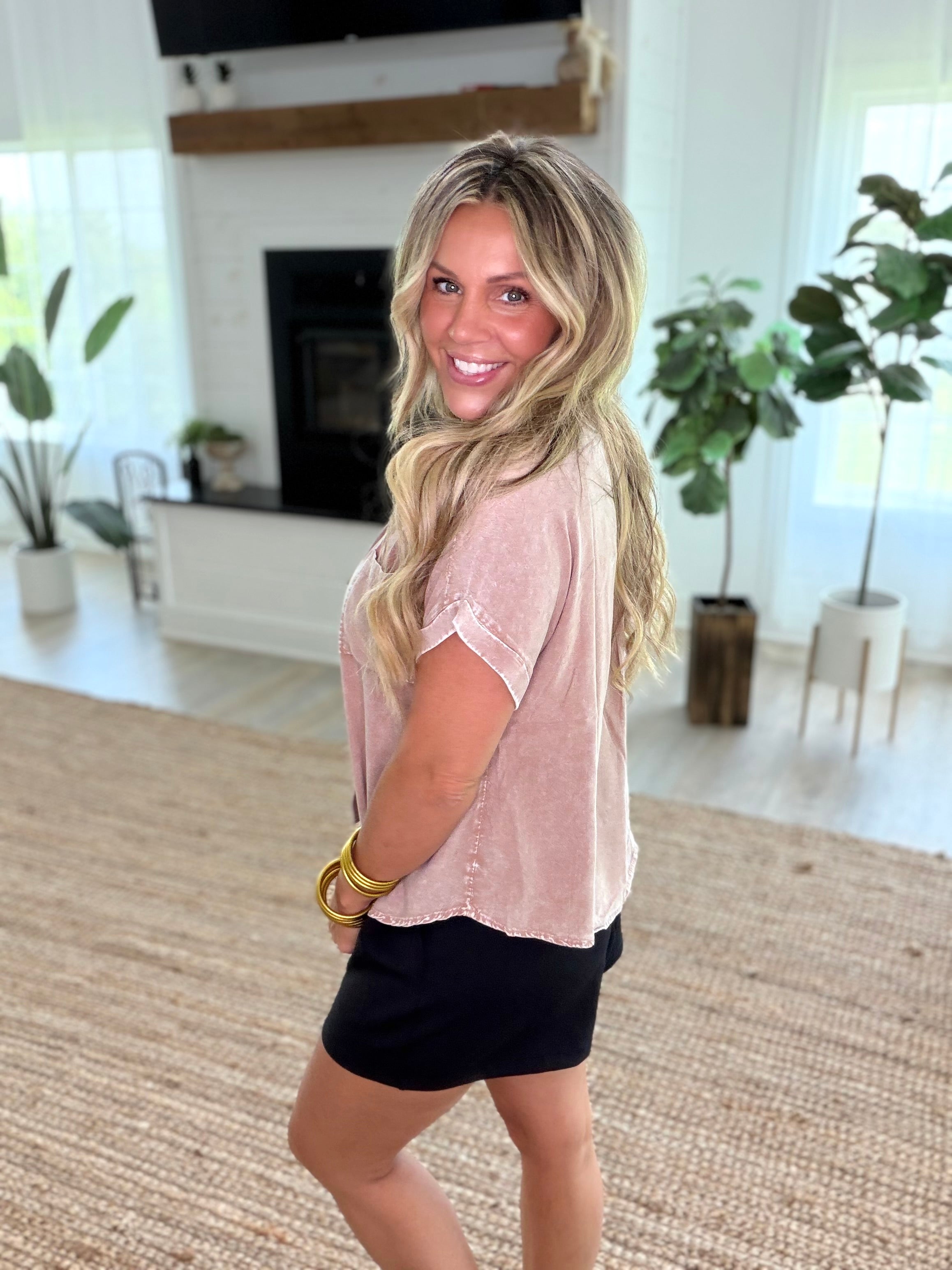 Dark Taupe Mineral Wash Button-Up Dolman Sleeve Shirt
