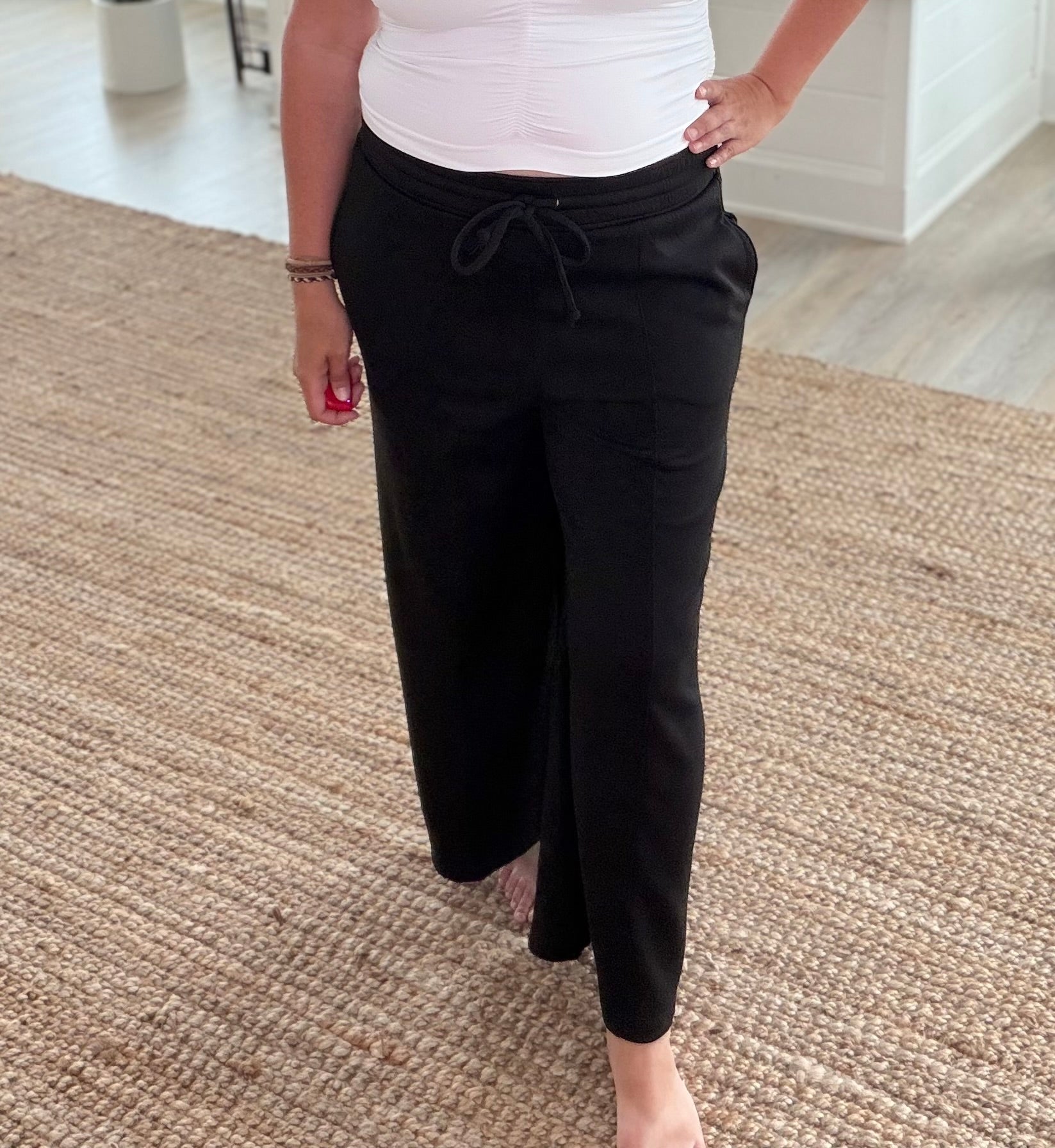 Black Scuba Drawstring Wide Leg Pants