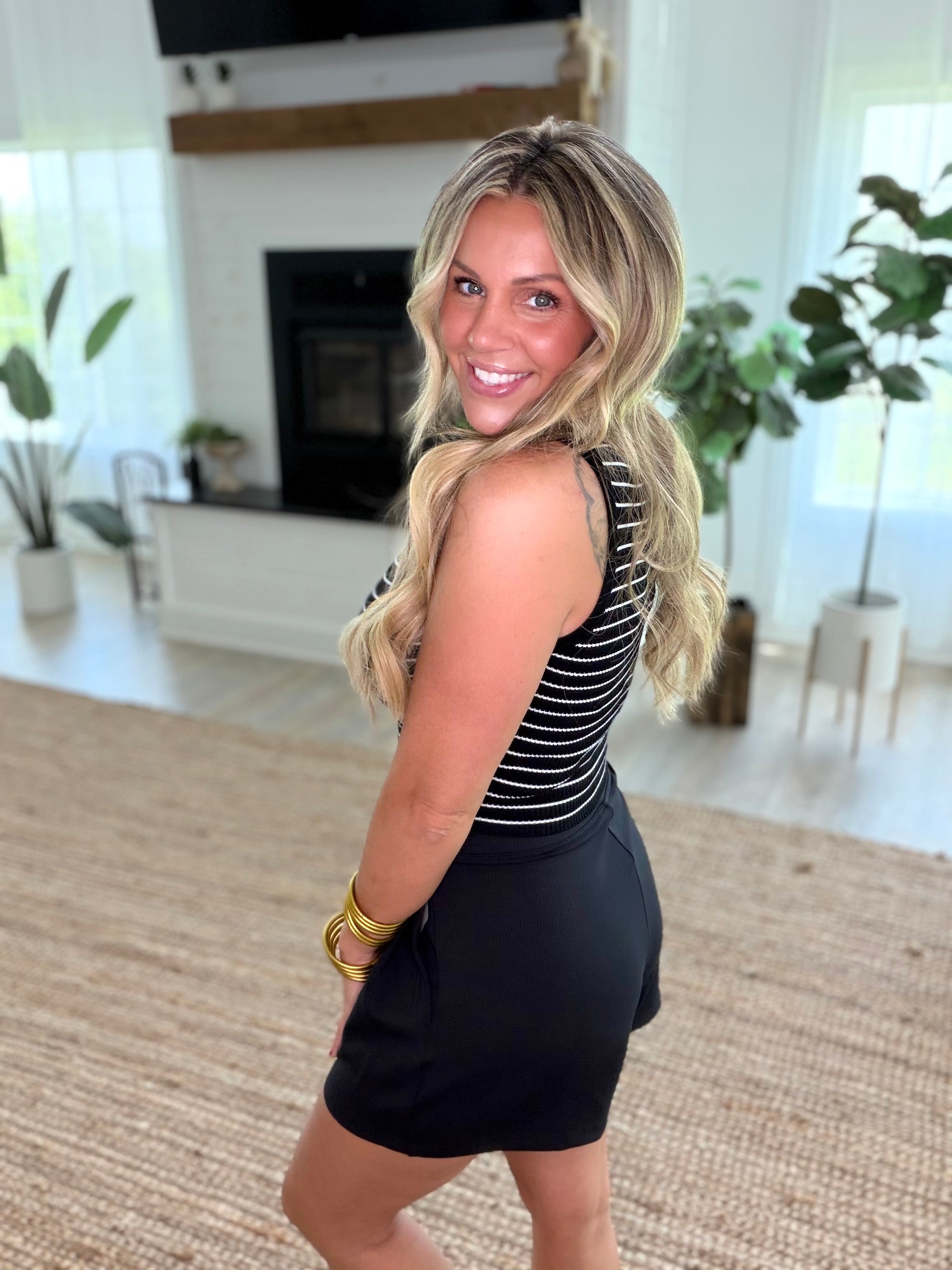 Black Stripe Sleeveless Henley Knit Crop Top