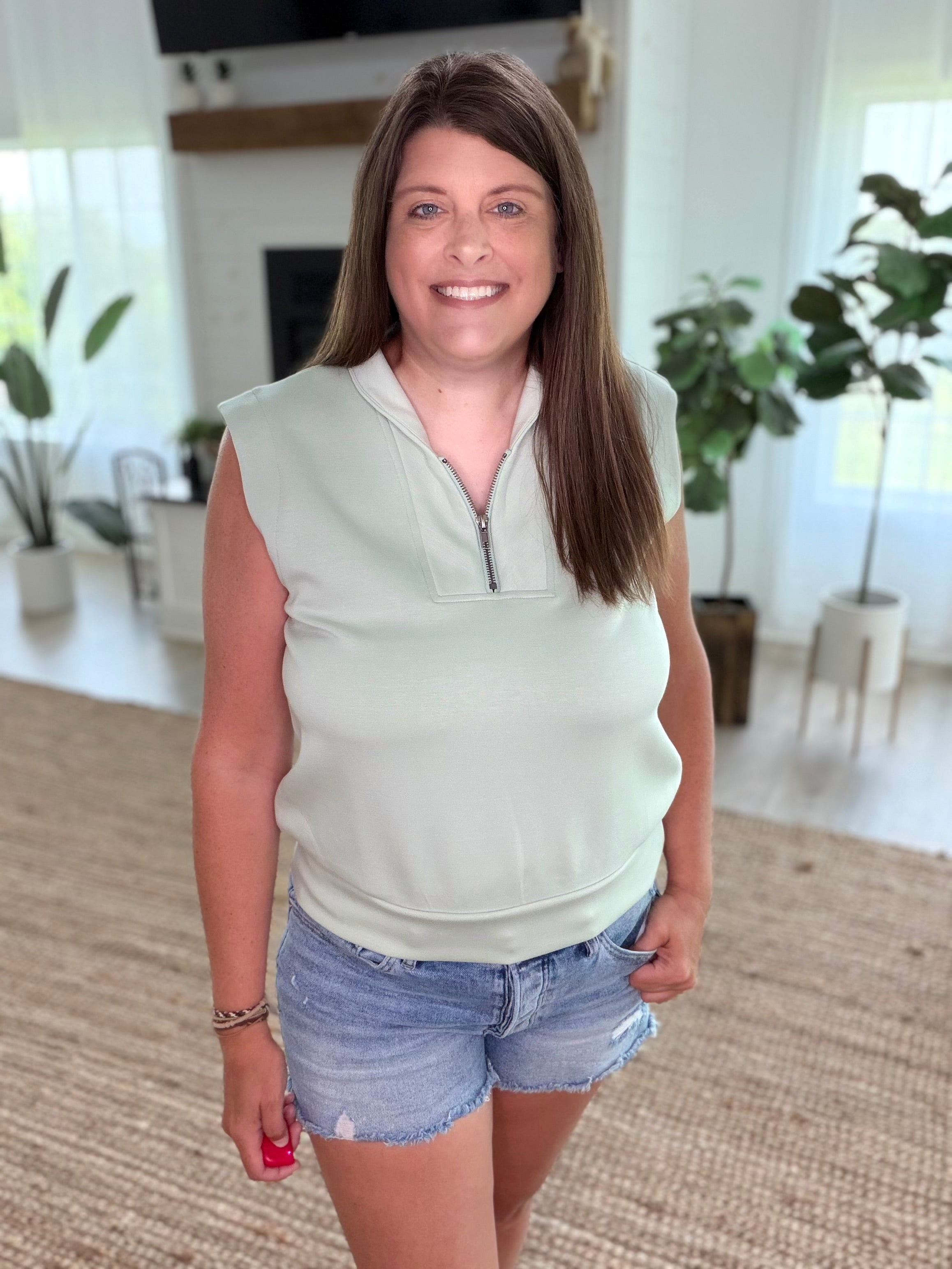 Sage Brushed Modal Half Zip Sleeveless Top