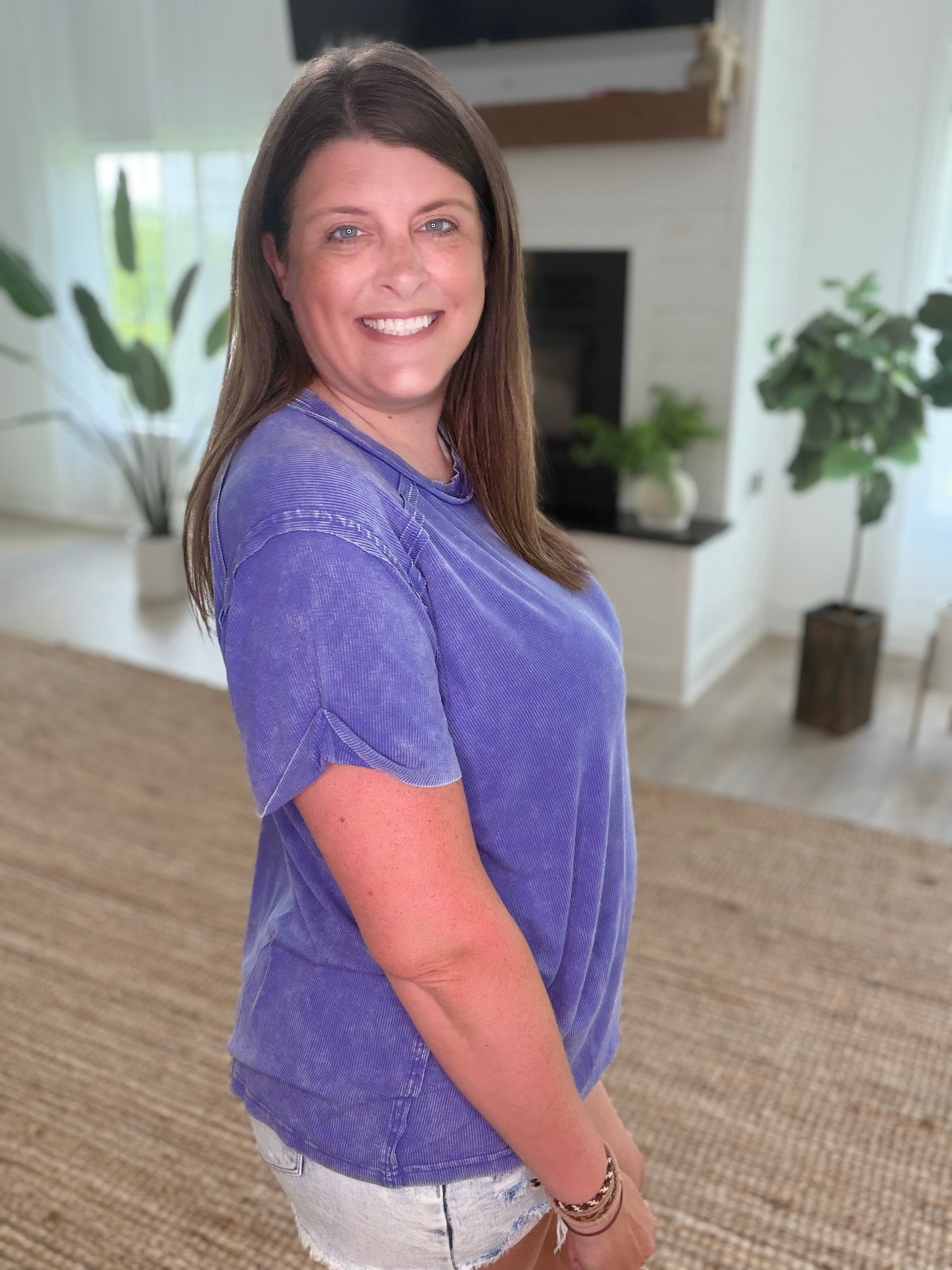 Marlin Ribbed Short Sleeve Boat-Neck Top