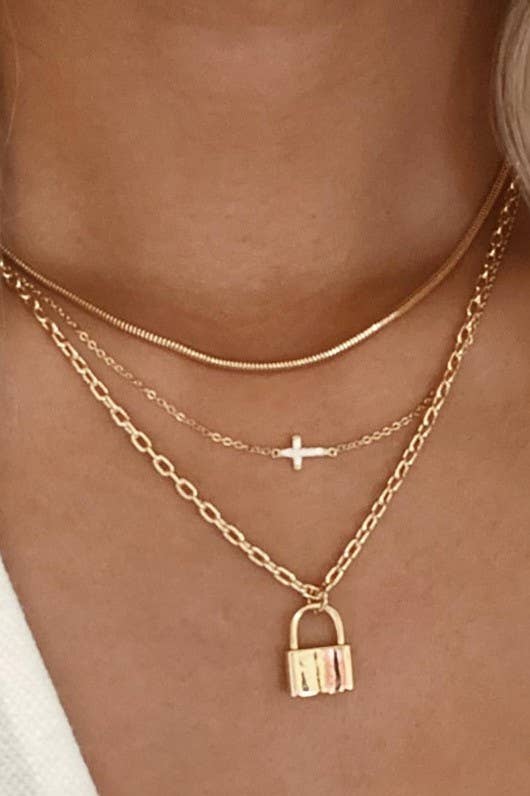 Gold Layered Cross Lock Necklace
