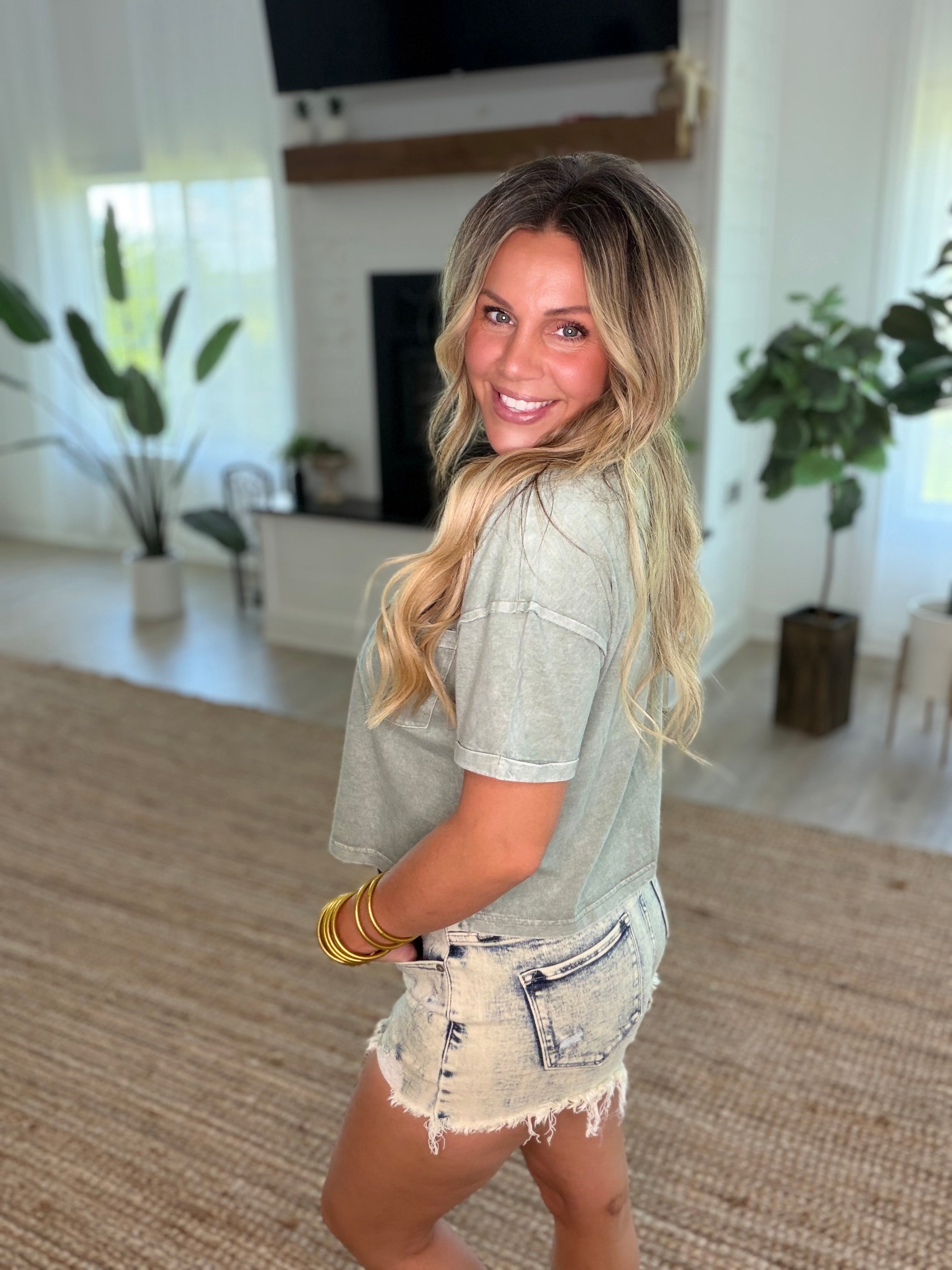 Olive Washed Exposed Seam V Neck Top
