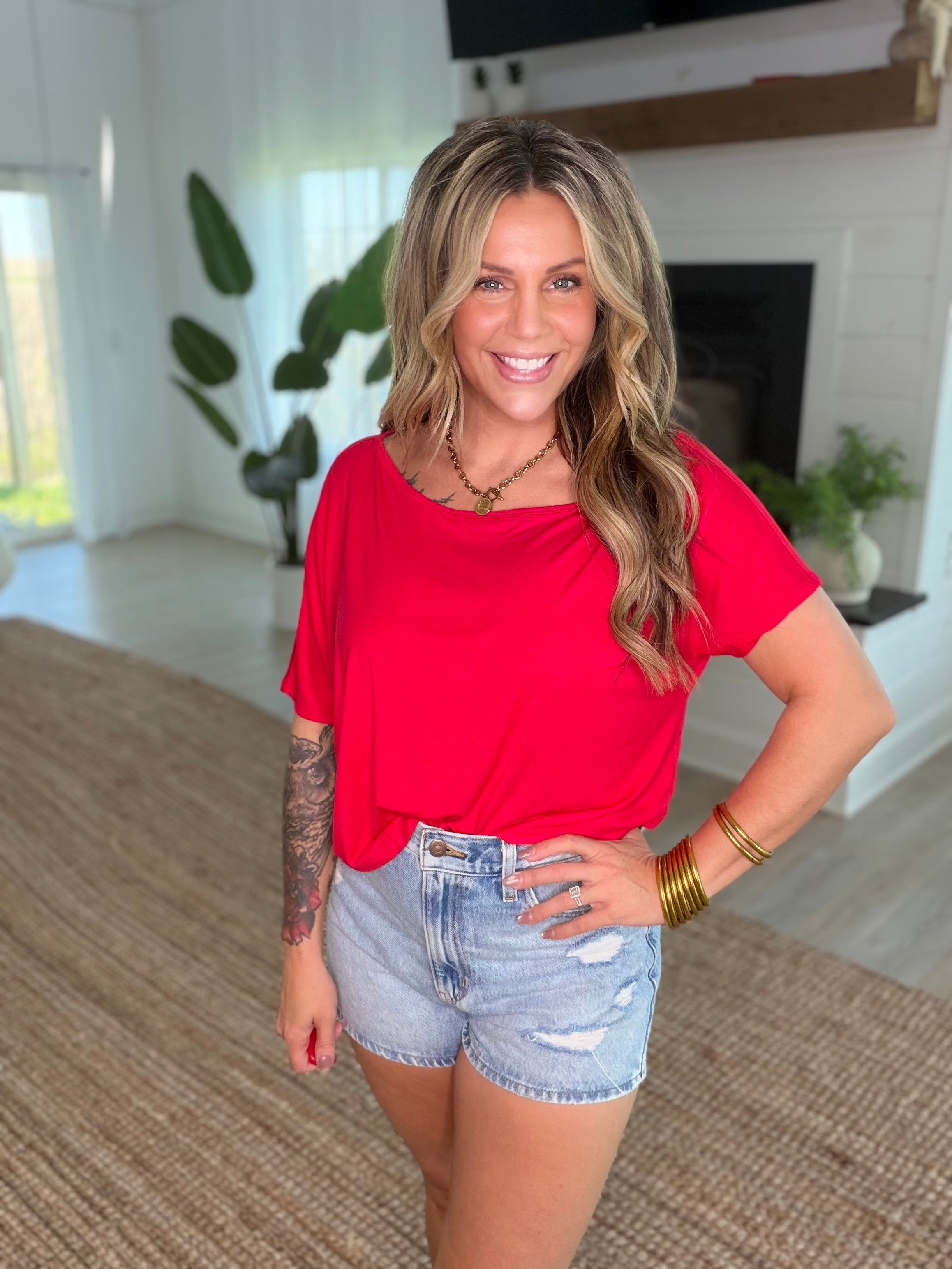 Red Viscose Modal Off Shoulder Shirt