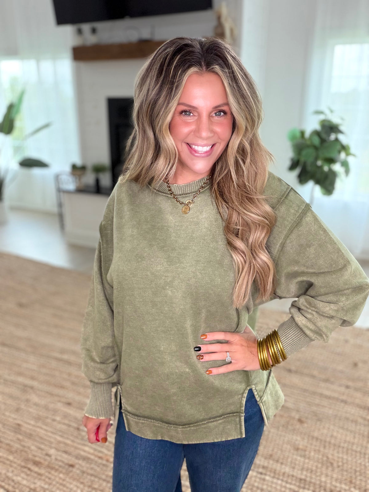 Light Olive Acid Wash Exposed-Seam Fleece Sweatshirt