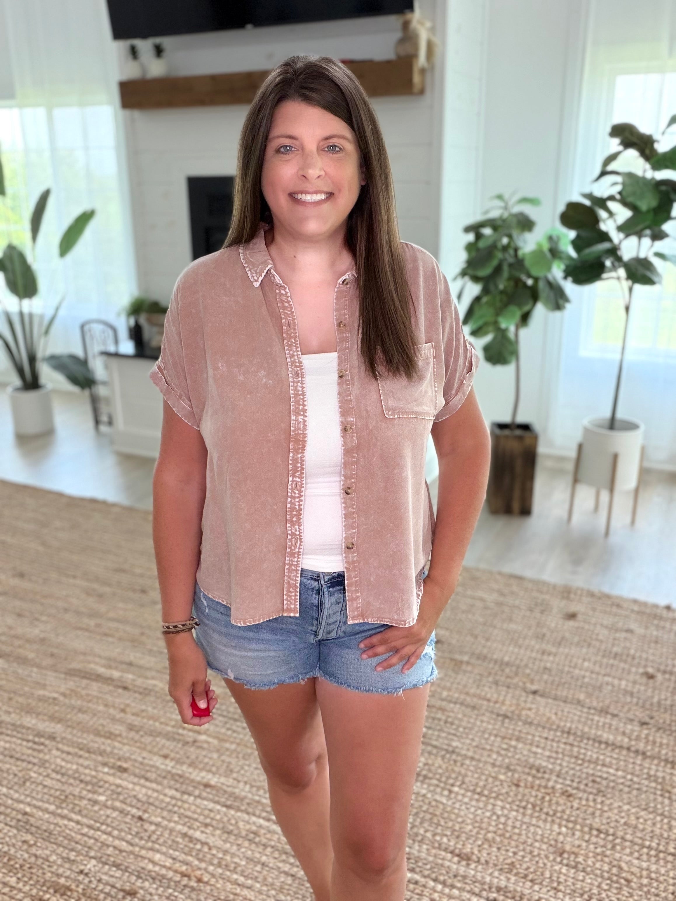 Dark Taupe Mineral Wash Button-Up Dolman Sleeve Shirt