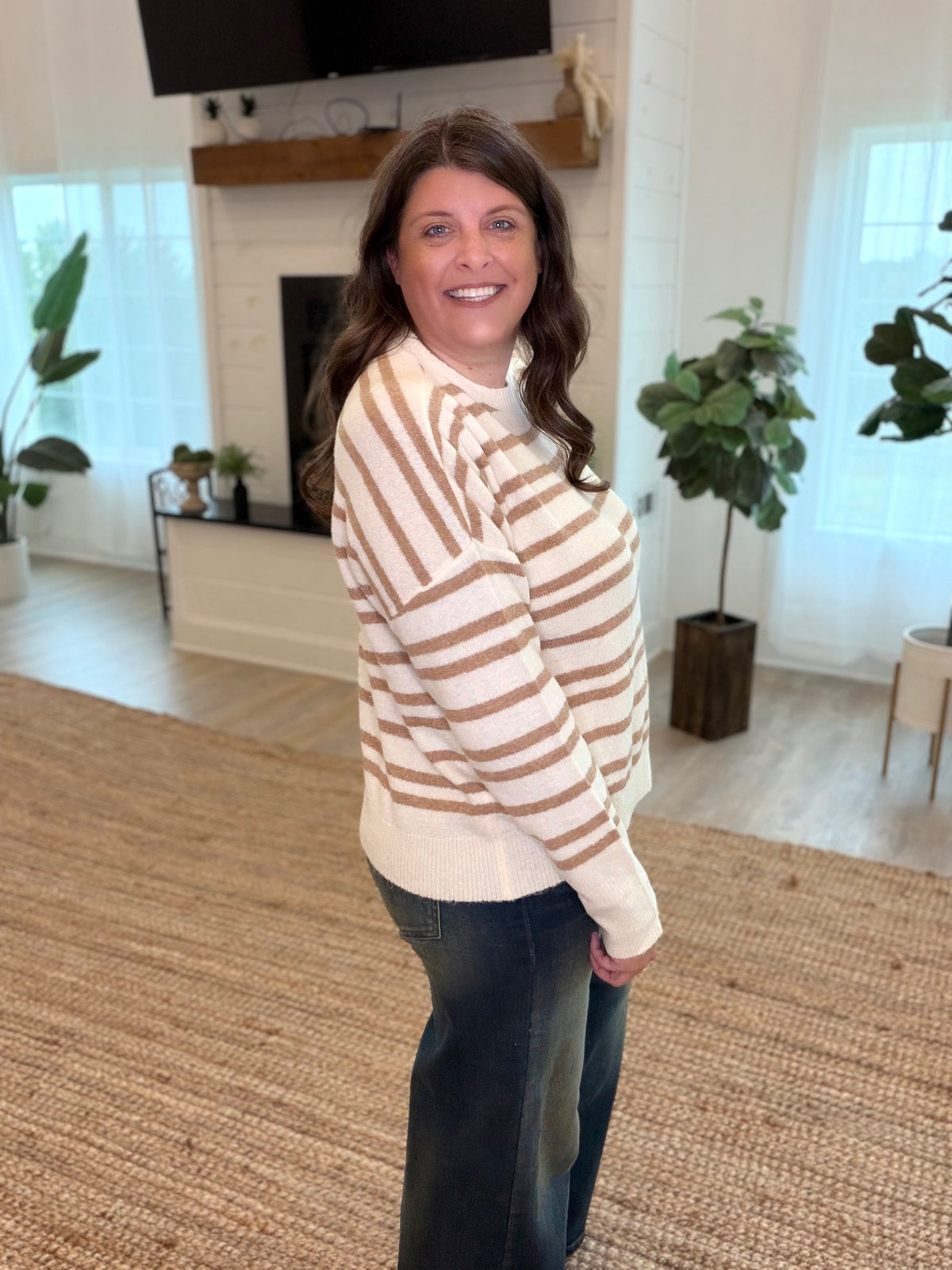 Taupe Striped Crew Neck Sweater