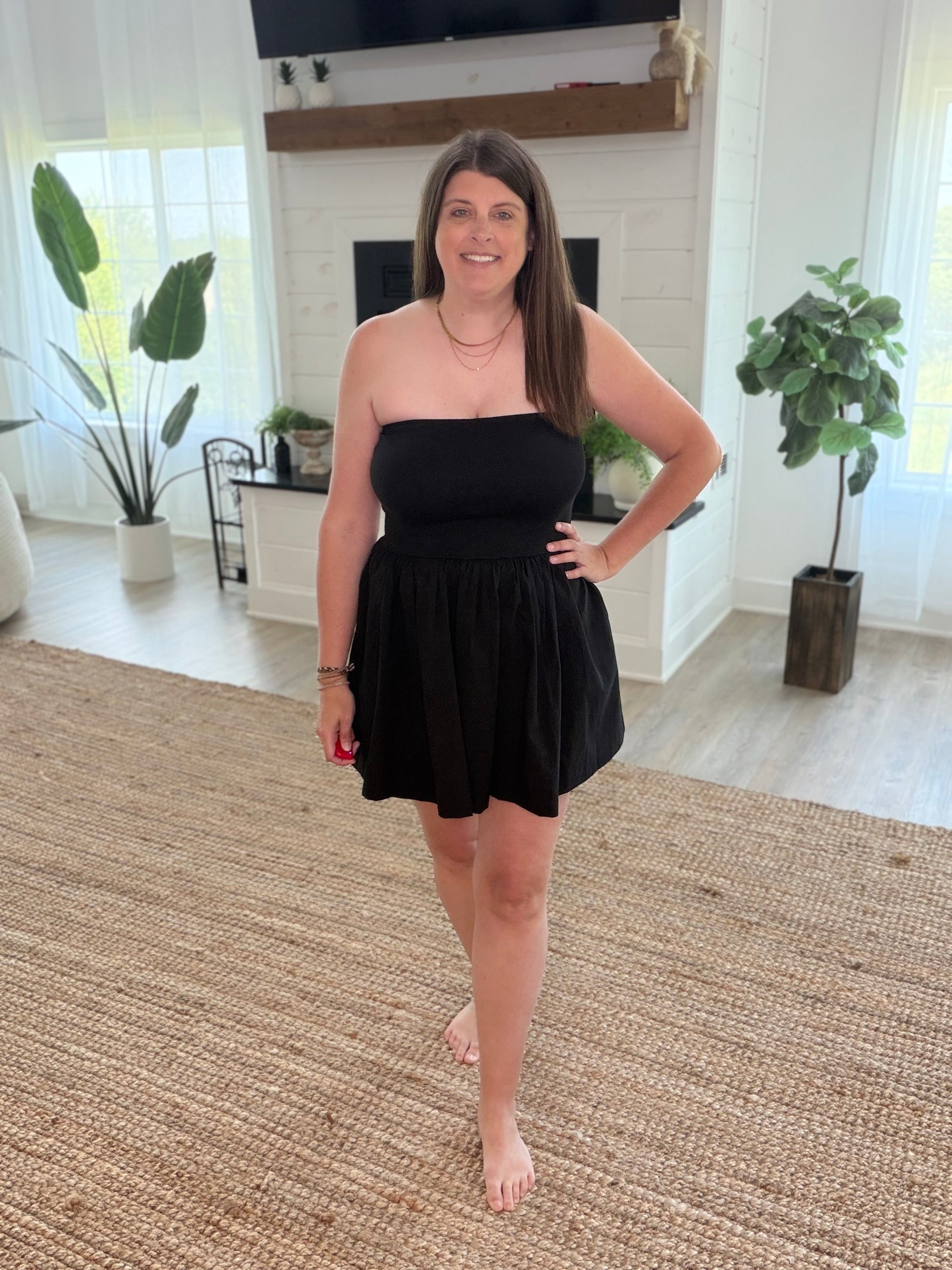 Black Strapless Flowy Mini Dress