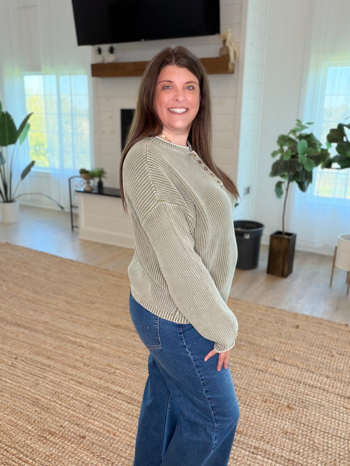 Light Olive Washed Ribbed Henley Drop Shoulder Sweater