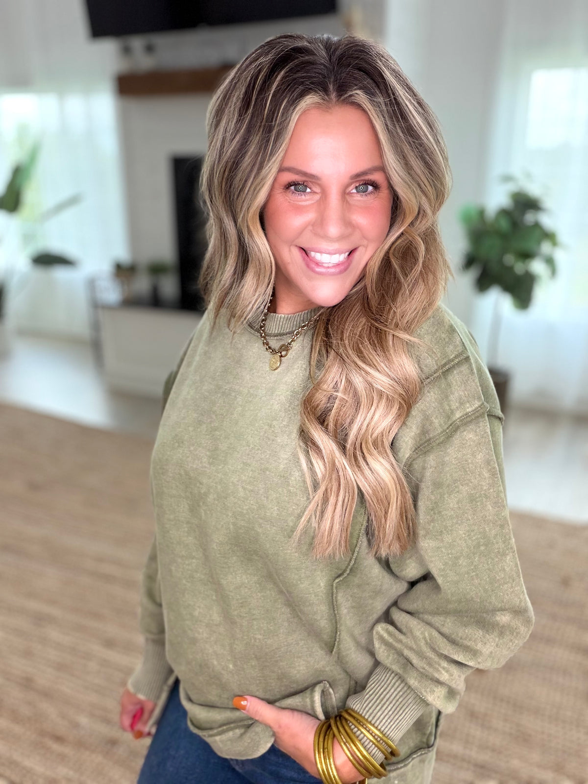 Light Olive Acid Wash Exposed-Seam Fleece Sweatshirt