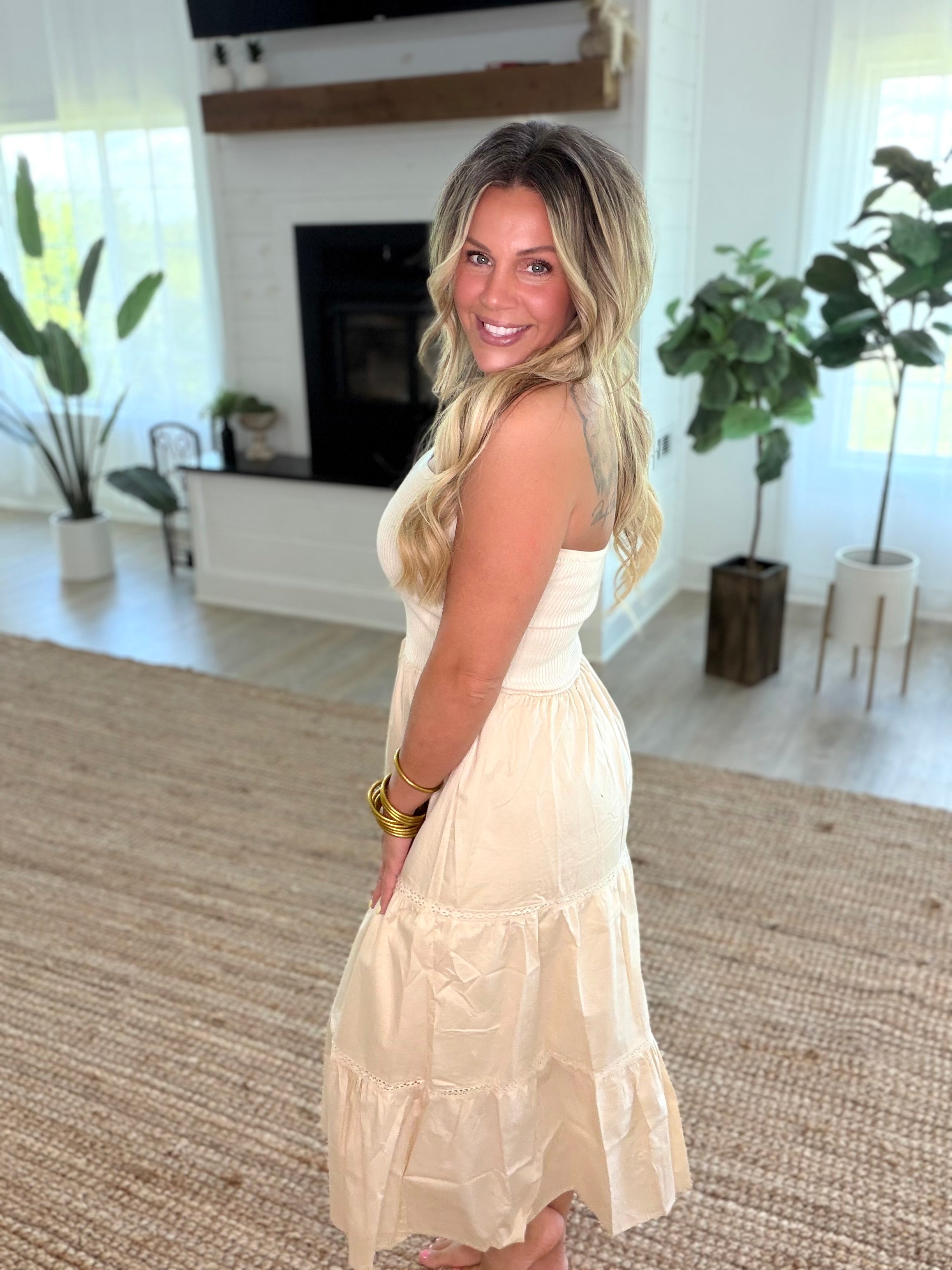 Natural Strapless Lace Detail Midi Dress