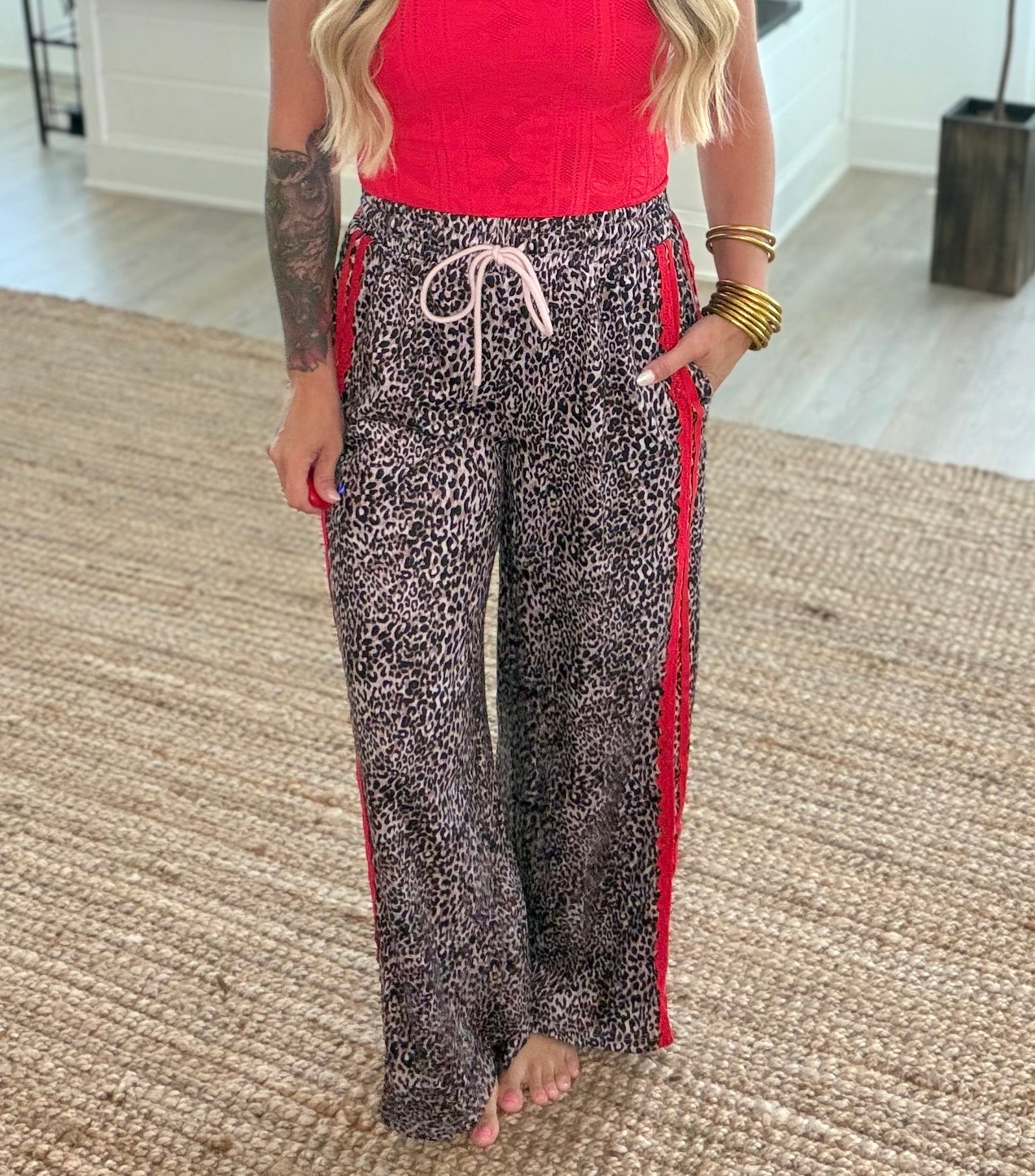 Leopard Print Contrast Lace Striped Drawstring Pants