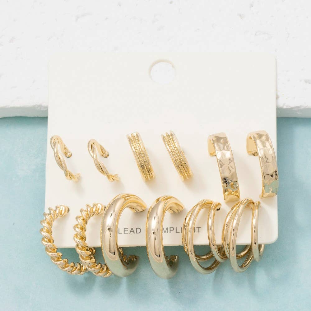 6 Pair Gold Hoop Earrings Set