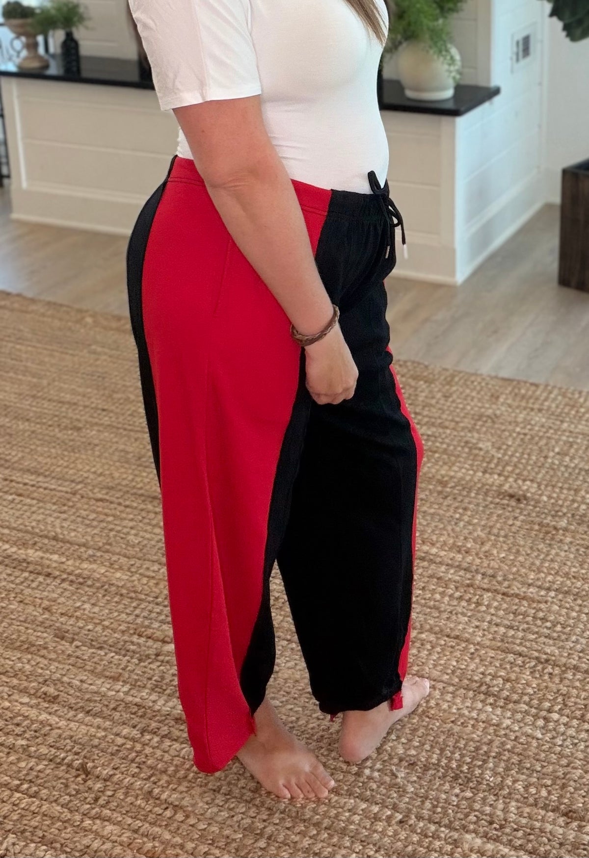 Red and Black Two Tone Spliced Barrel Leg Jogger Pants