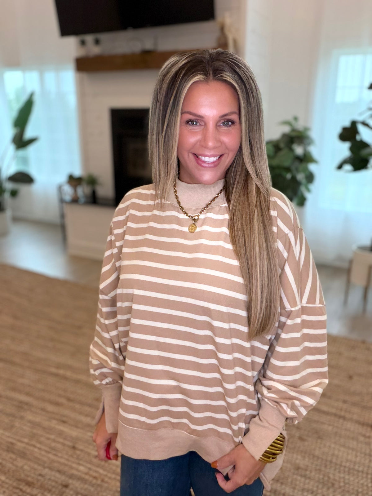 Taupe and Cream Striped Mock Neck Top