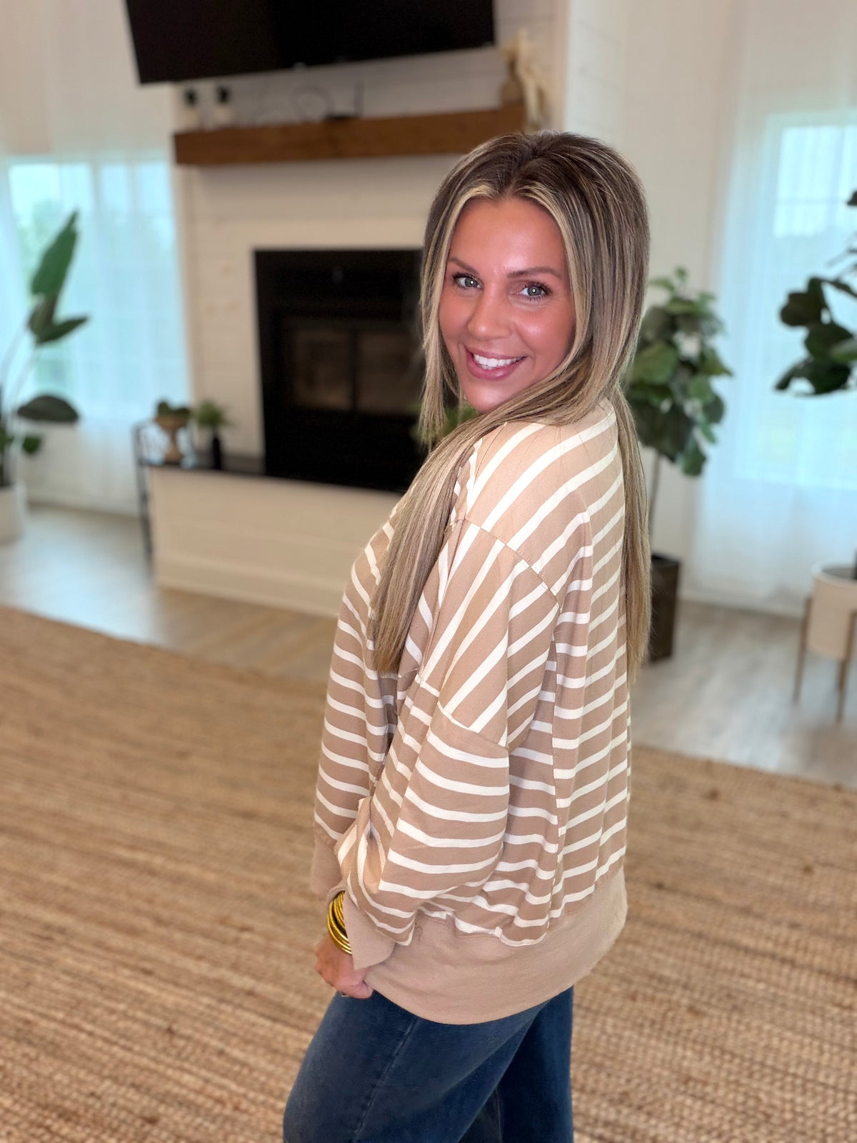 Taupe and Cream Striped Mock Neck Top