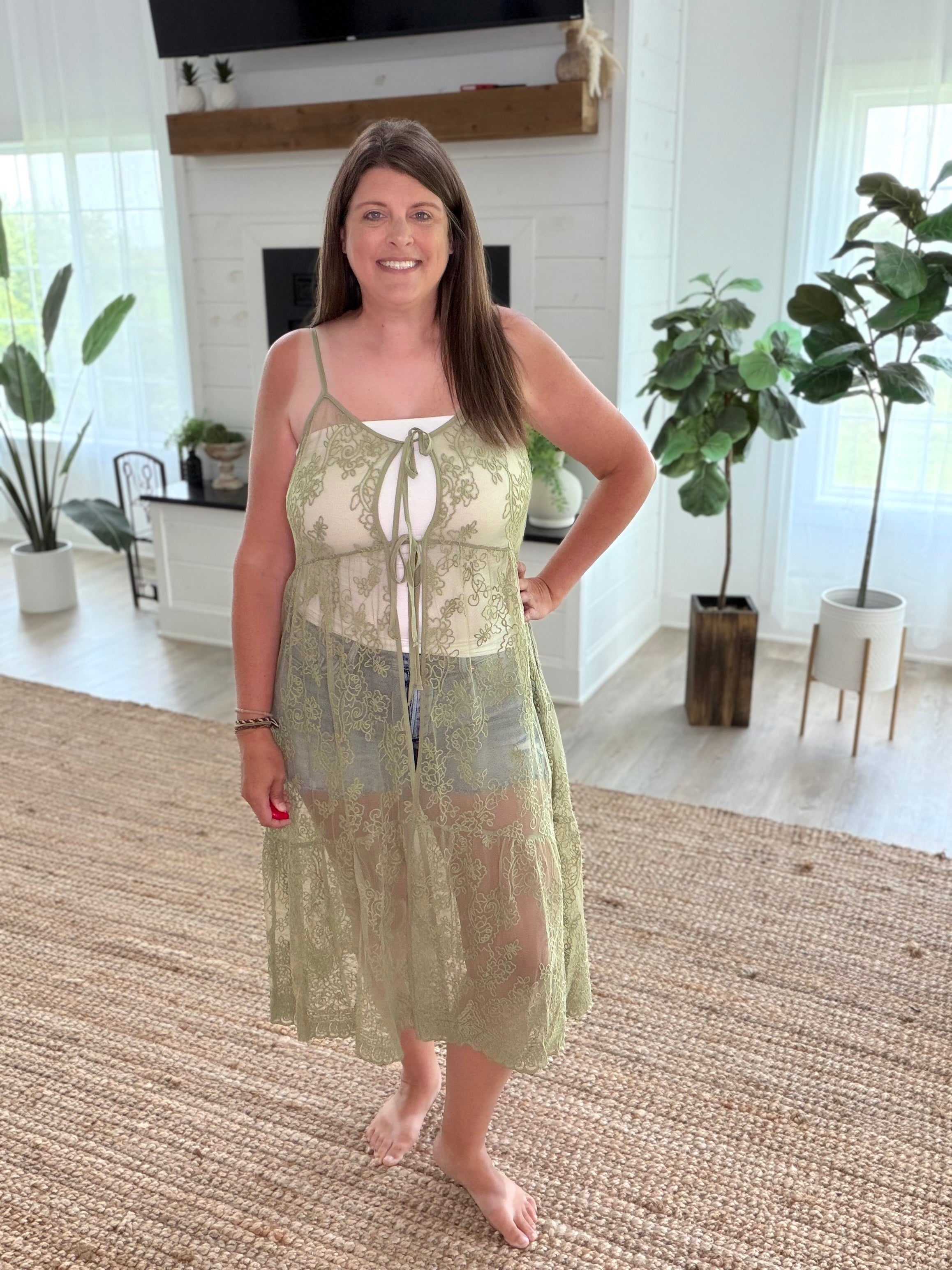 Light Olive Embroidered Lace Long Vest