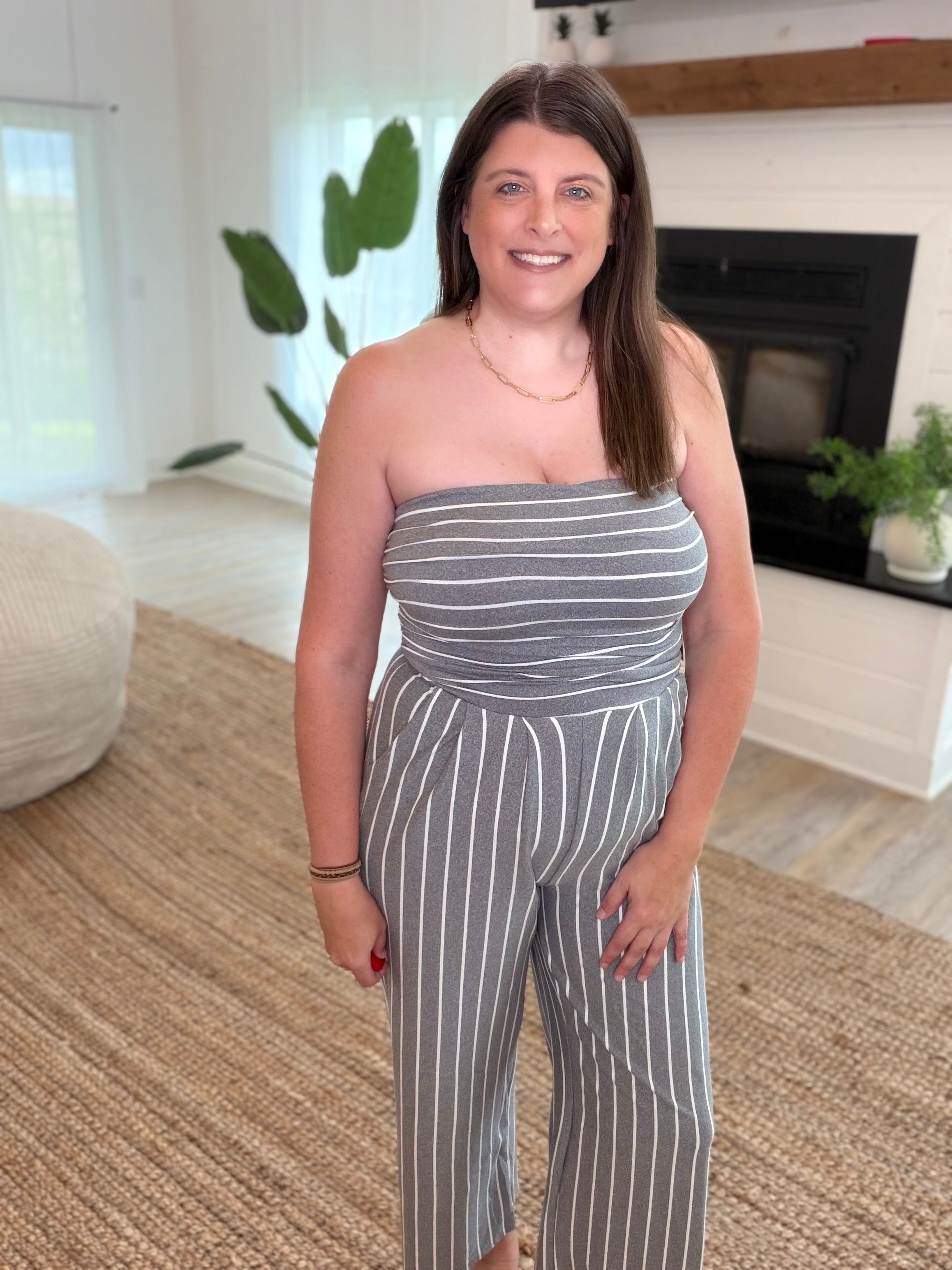 Heather Charcoal Grey and Soft White Stripe Tube Top Jumpsuit