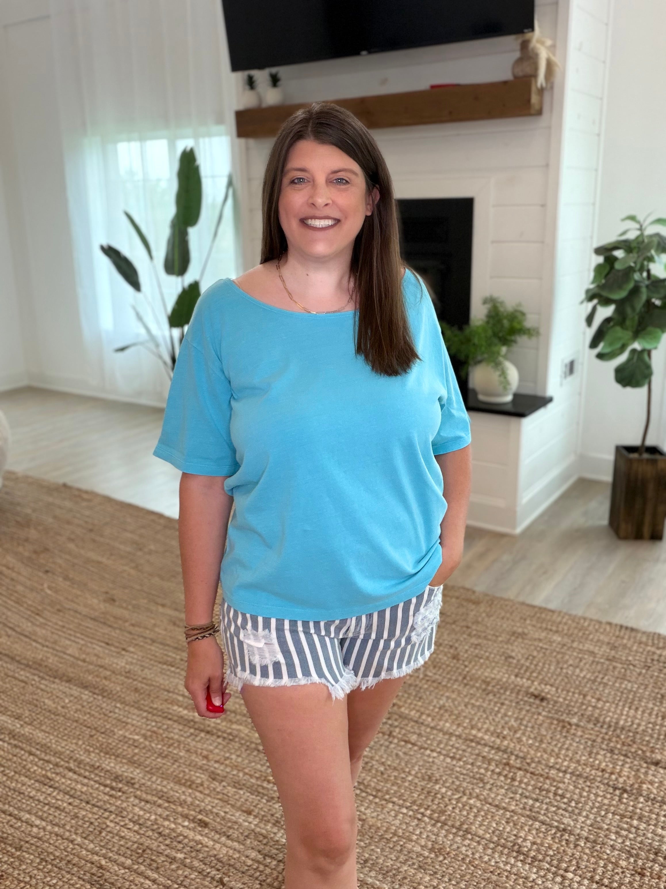 Aqua Blue Boat Neck Short Sleeve Tee