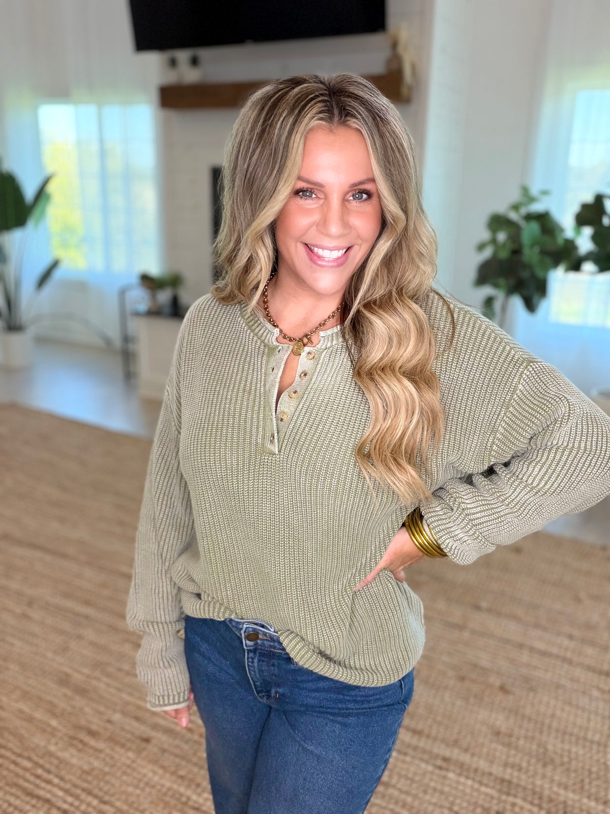 Light Olive Washed Ribbed Henley Drop Shoulder Sweater
