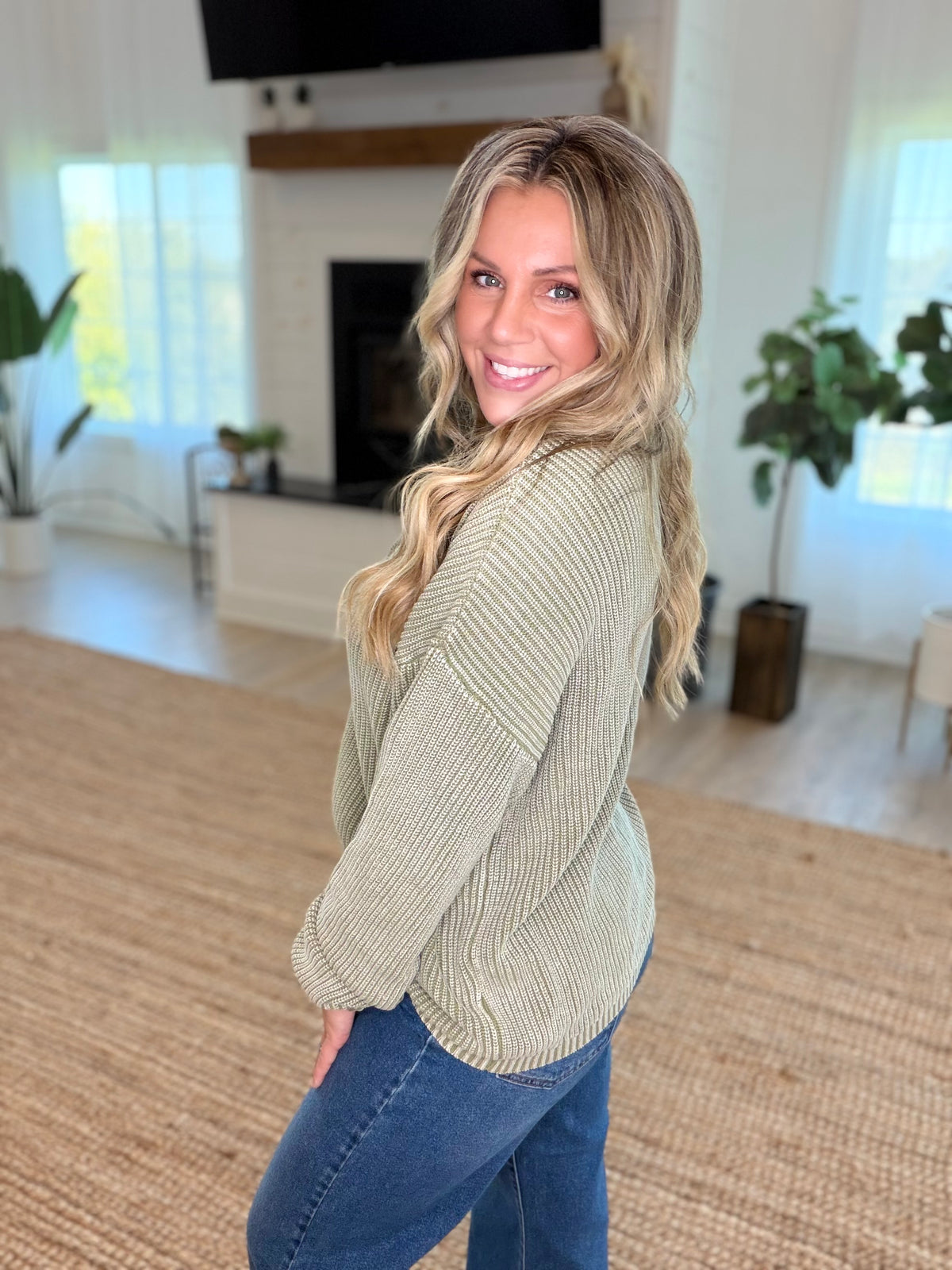 Light Olive Washed Ribbed Henley Drop Shoulder Sweater