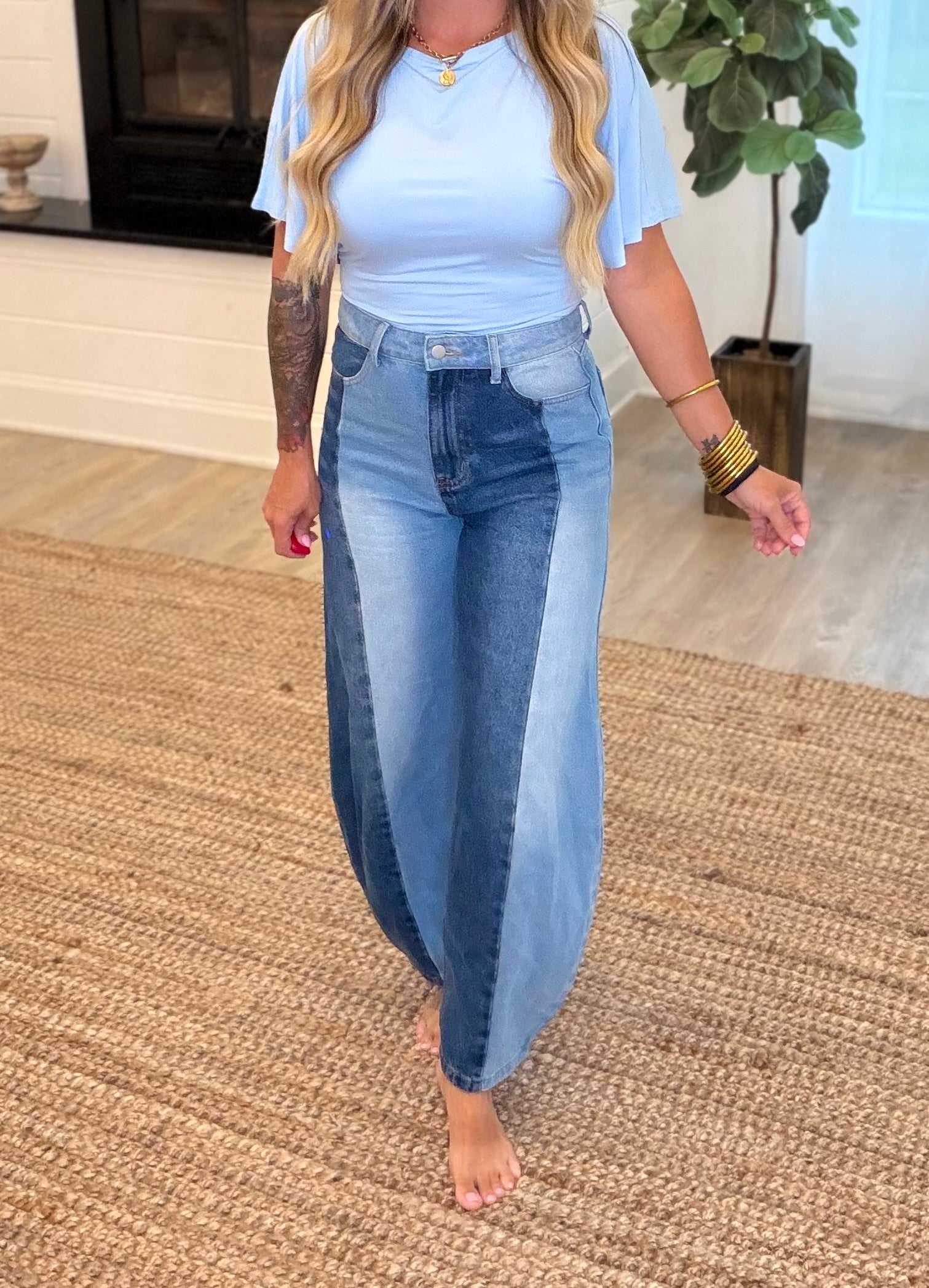 Multi Denim Contrast Panel Barrel Leg Jeans