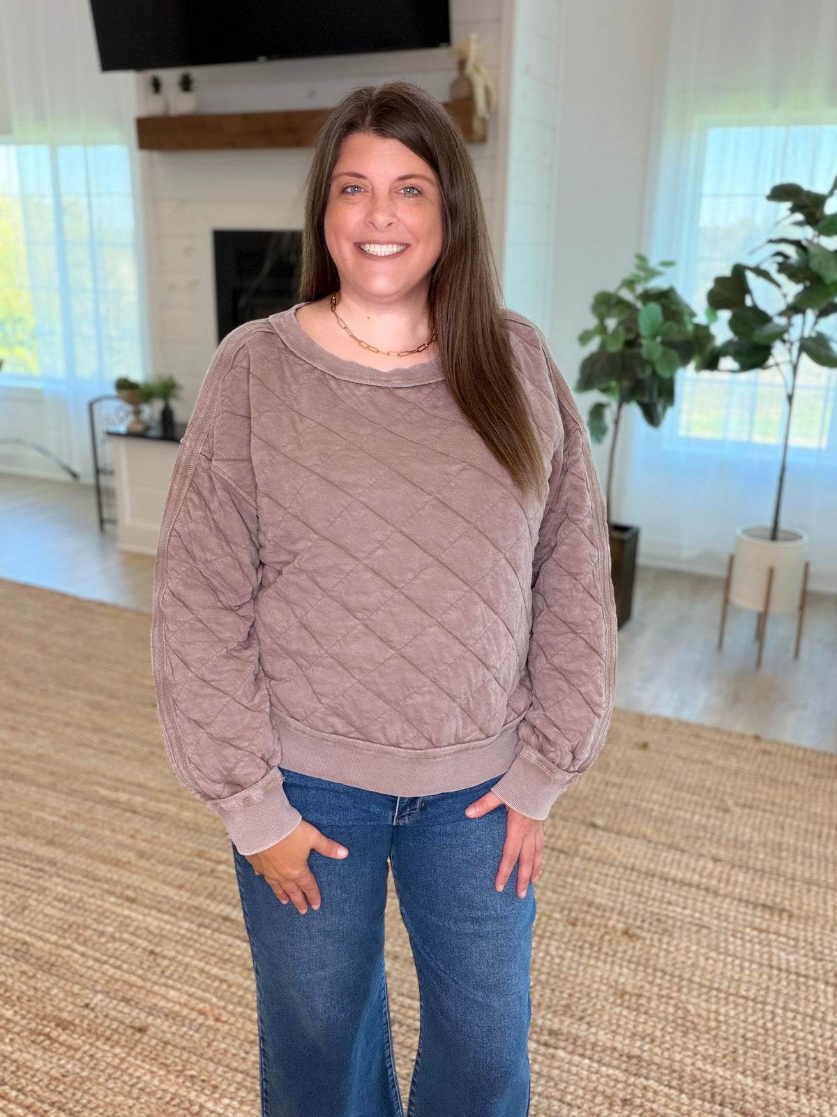 Mocha Mineral Washed Quilted Pullover