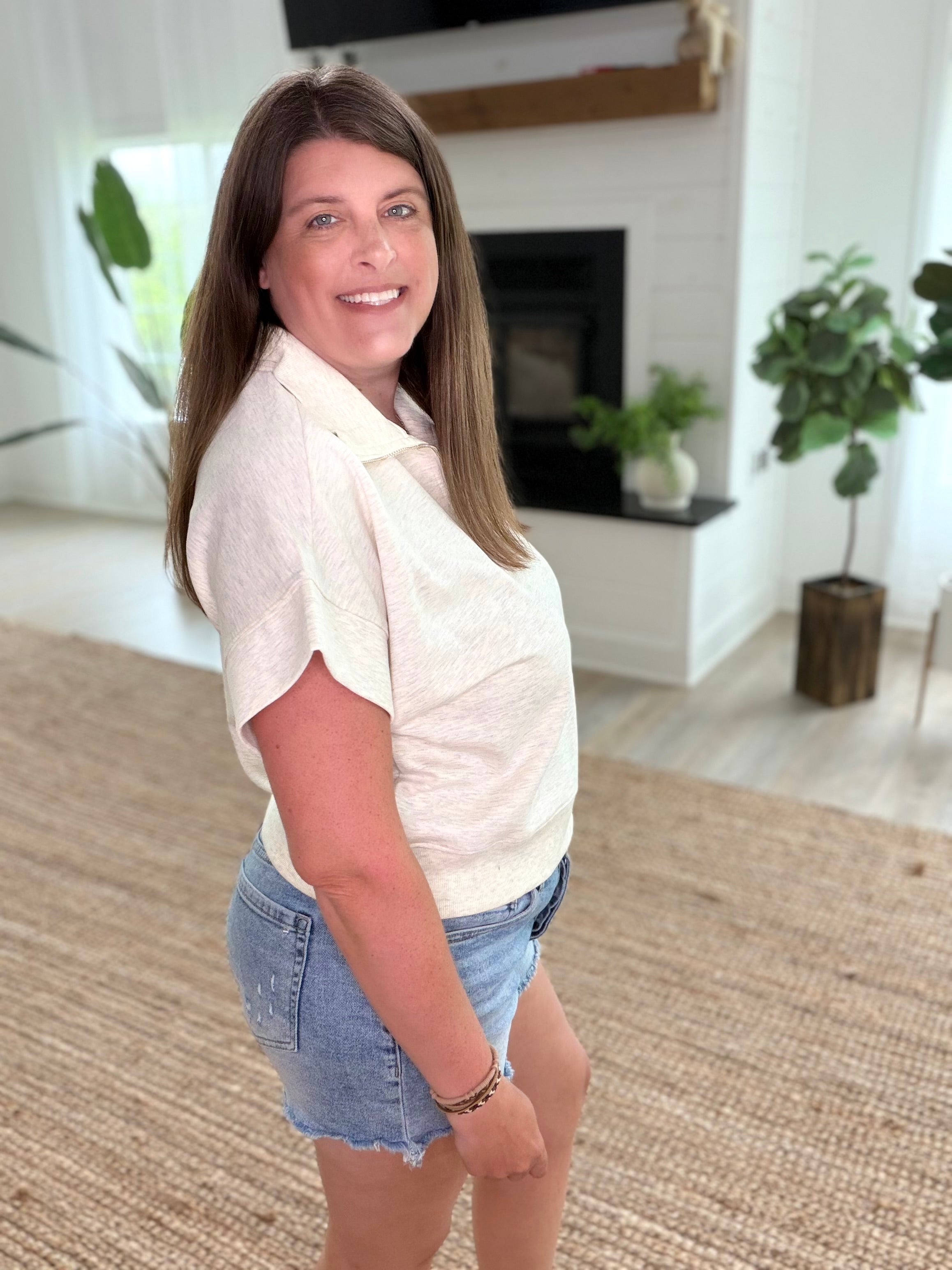 Heather Vanilla Scuba High Neck Half Zip Short Sleeve Pullover