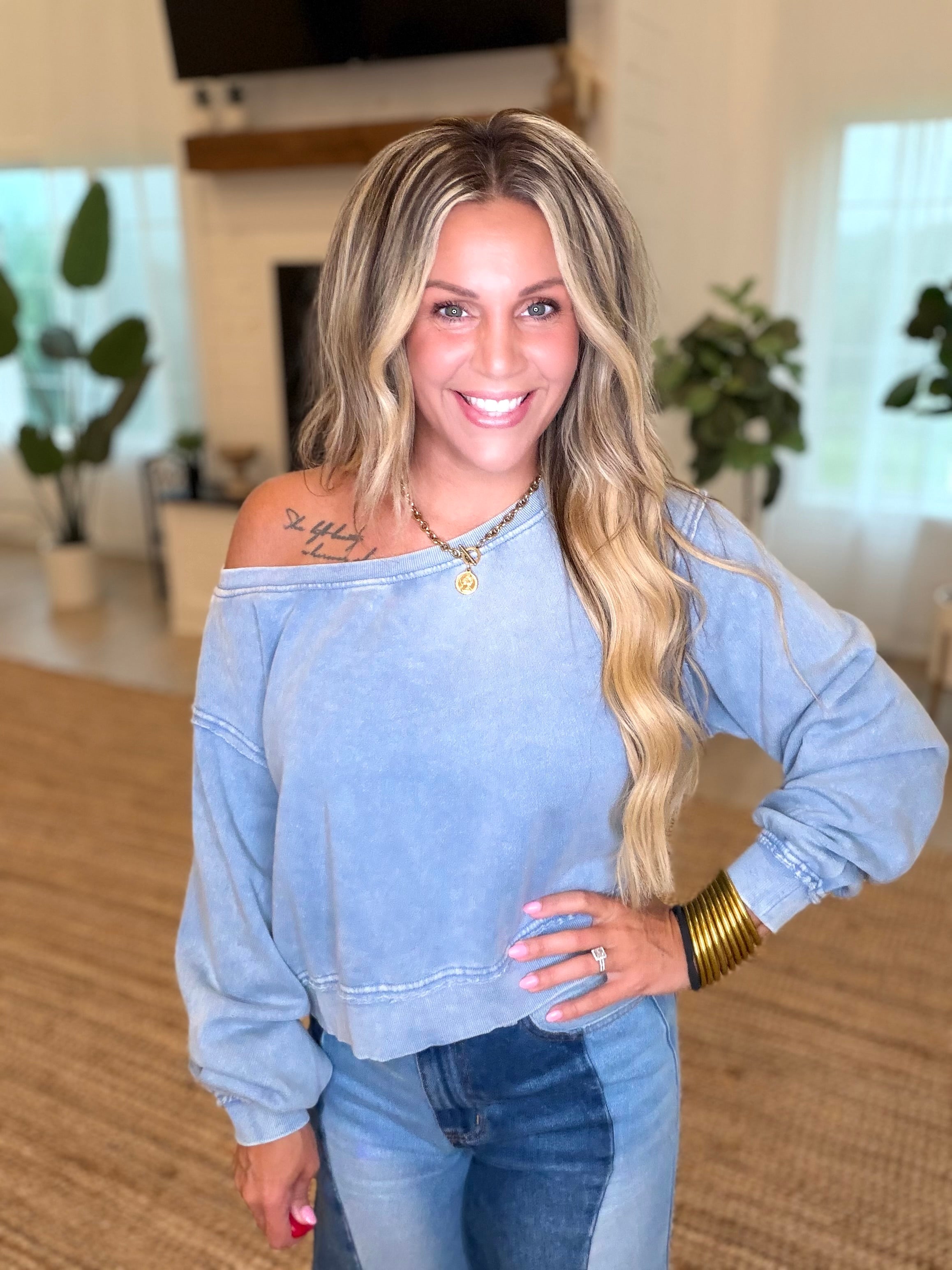 Dusty Blue Raw Edge Acid Wash Off The Shoulder Sweatshirt