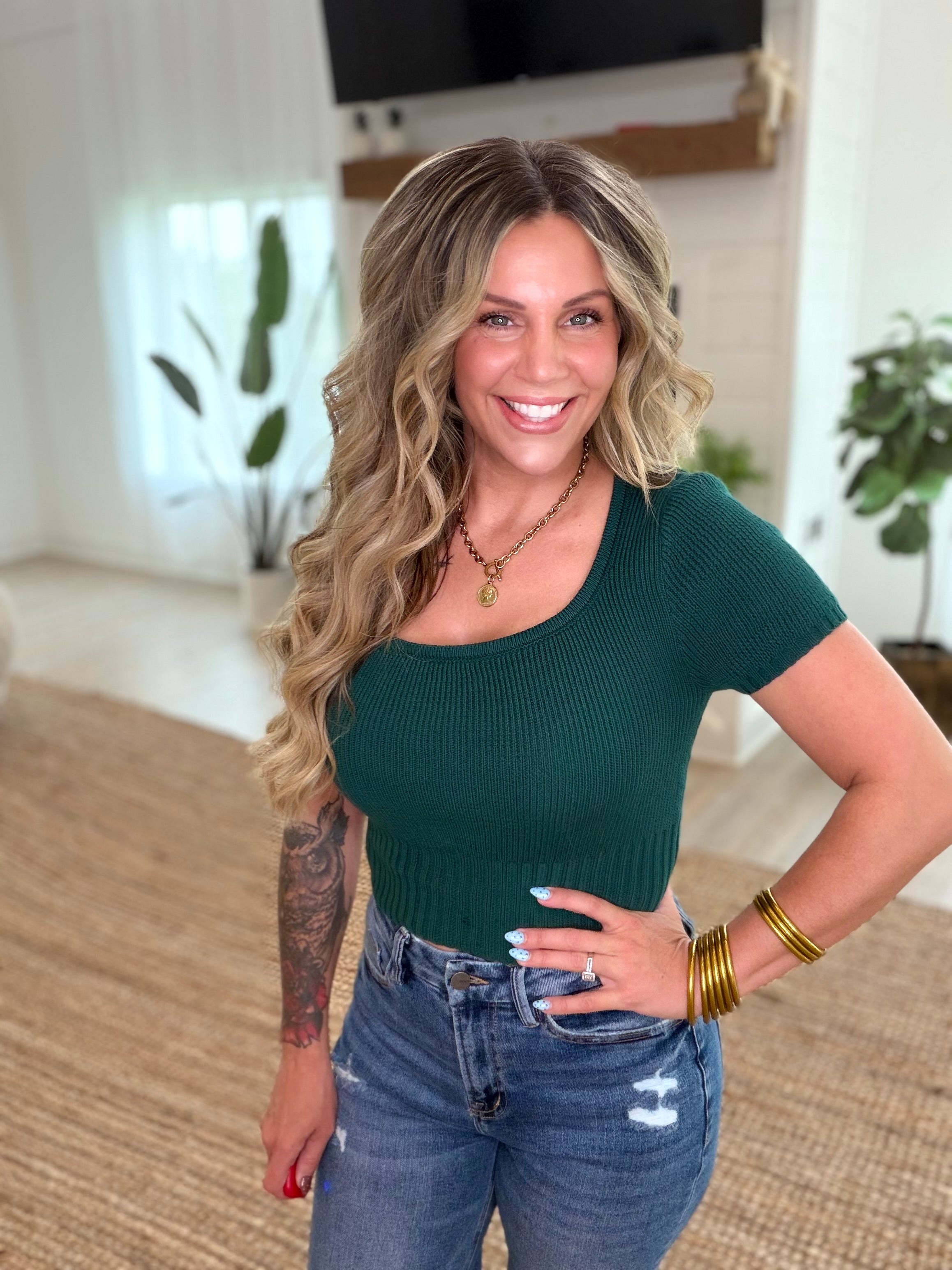 Pine Green Scoop Neck Short Sleeve Knit Top