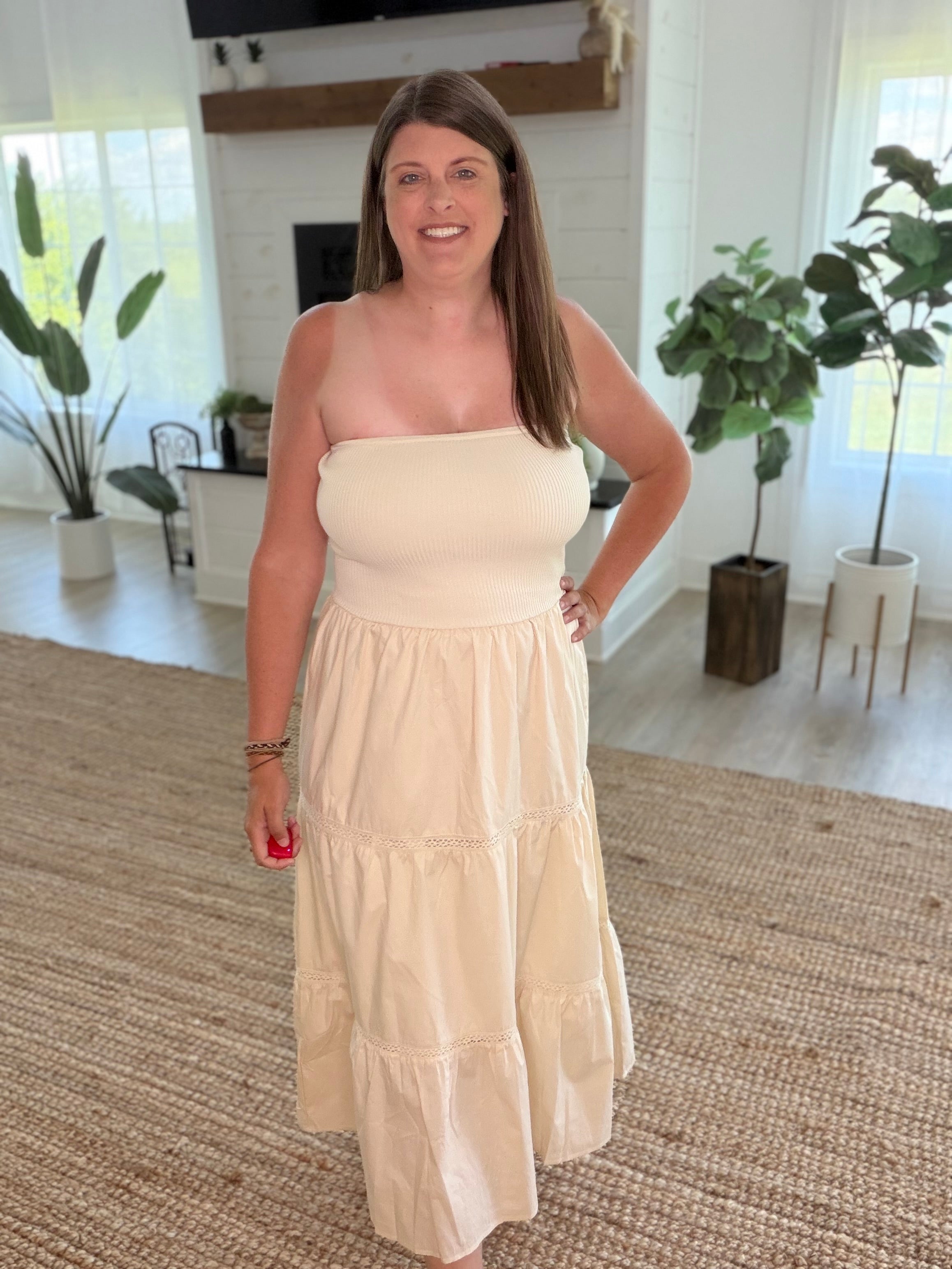 Natural Strapless Lace Detail Midi Dress