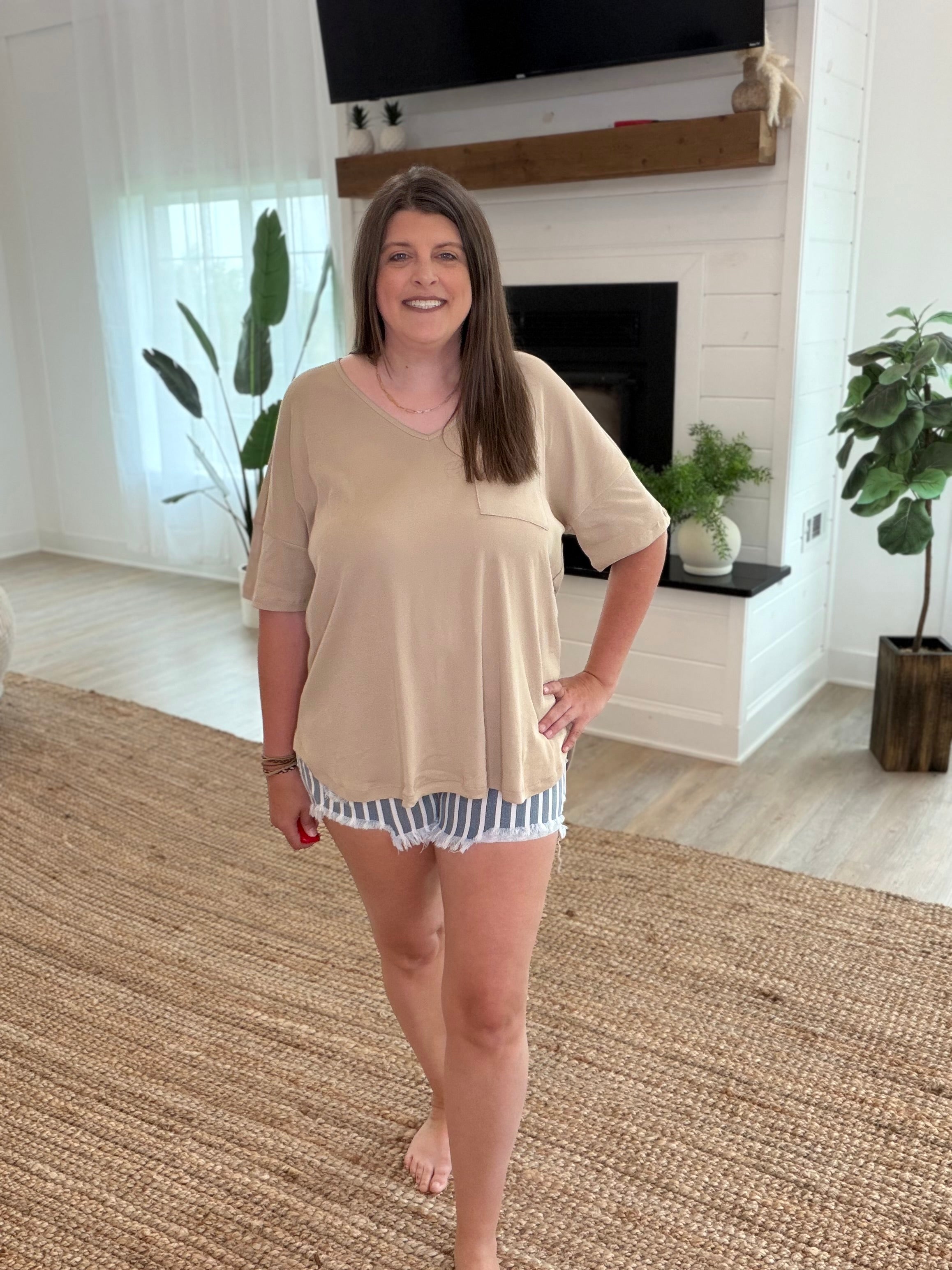 Khaki Oversized V-Neck Top