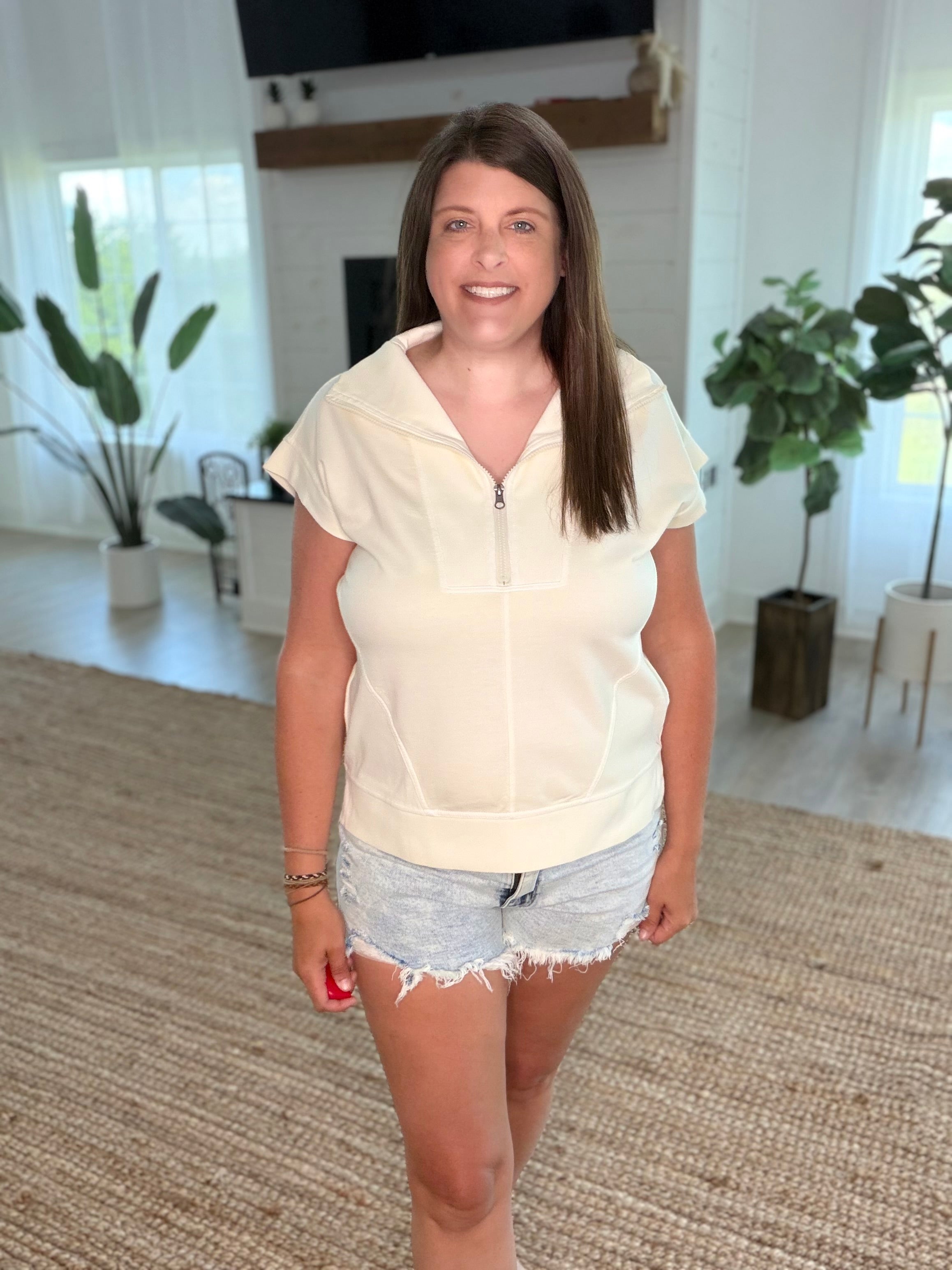 Cream Washed Half Zip Ribbed Detail Sleeveless Top